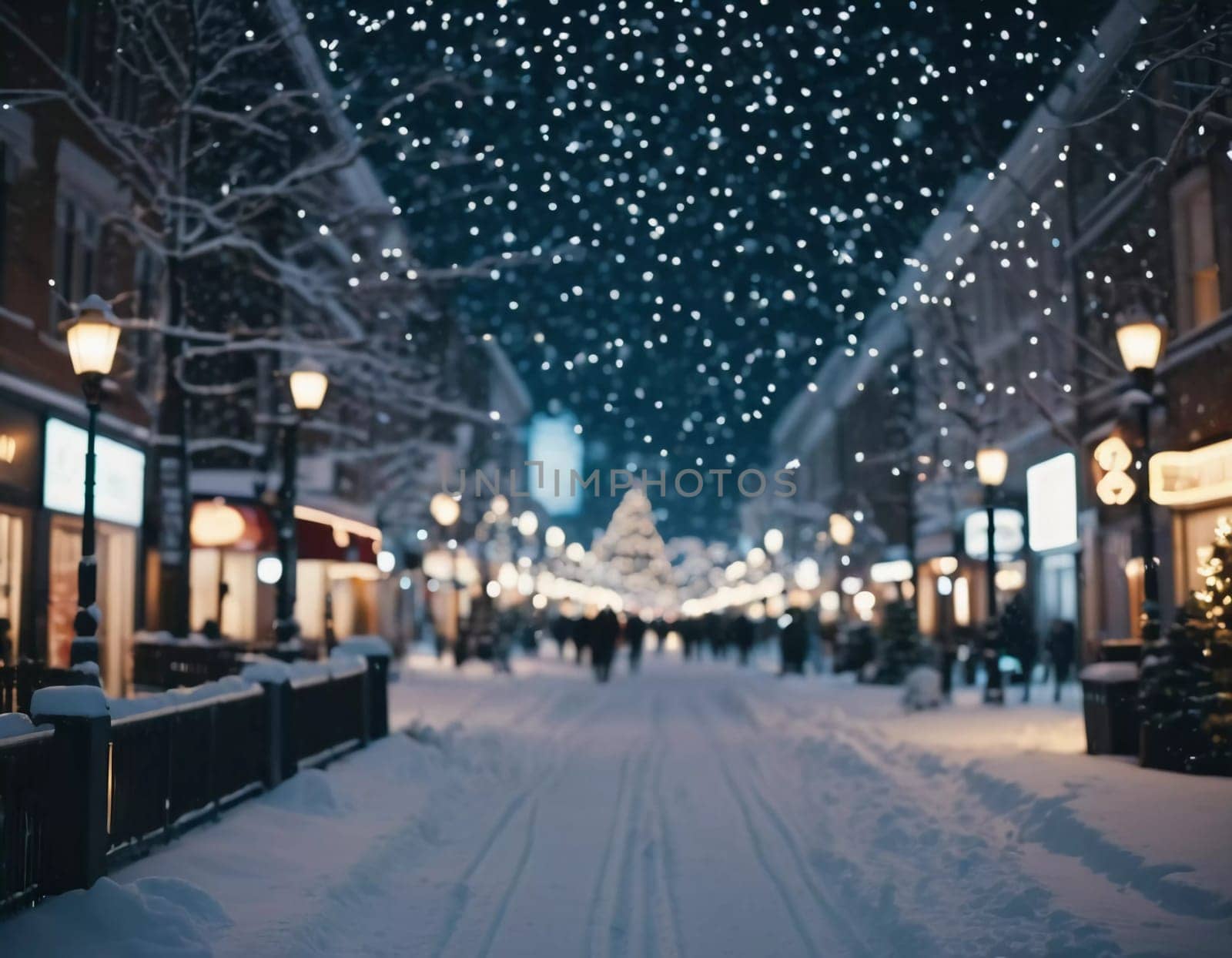 A quiet winter evening envelops a city street, where gently falling snow enhances the glow of Christmas lights. The festive atmosphere attracts people celebrating the New Year. Generative AI.