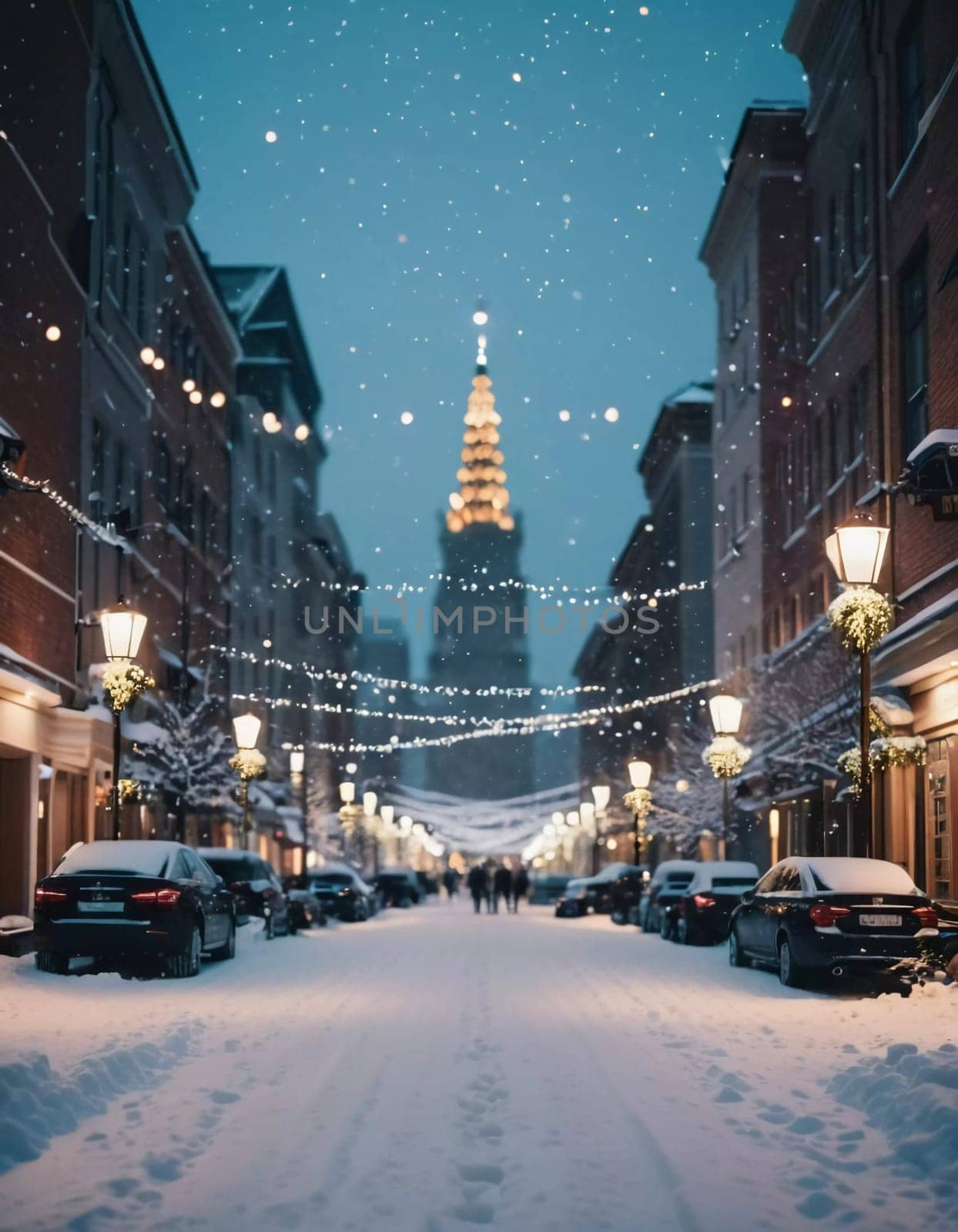 A quiet winter evening envelops a city street, where gently falling snow enhances the glow of Christmas lights. The festive atmosphere attracts people celebrating the New Year. Generative AI.