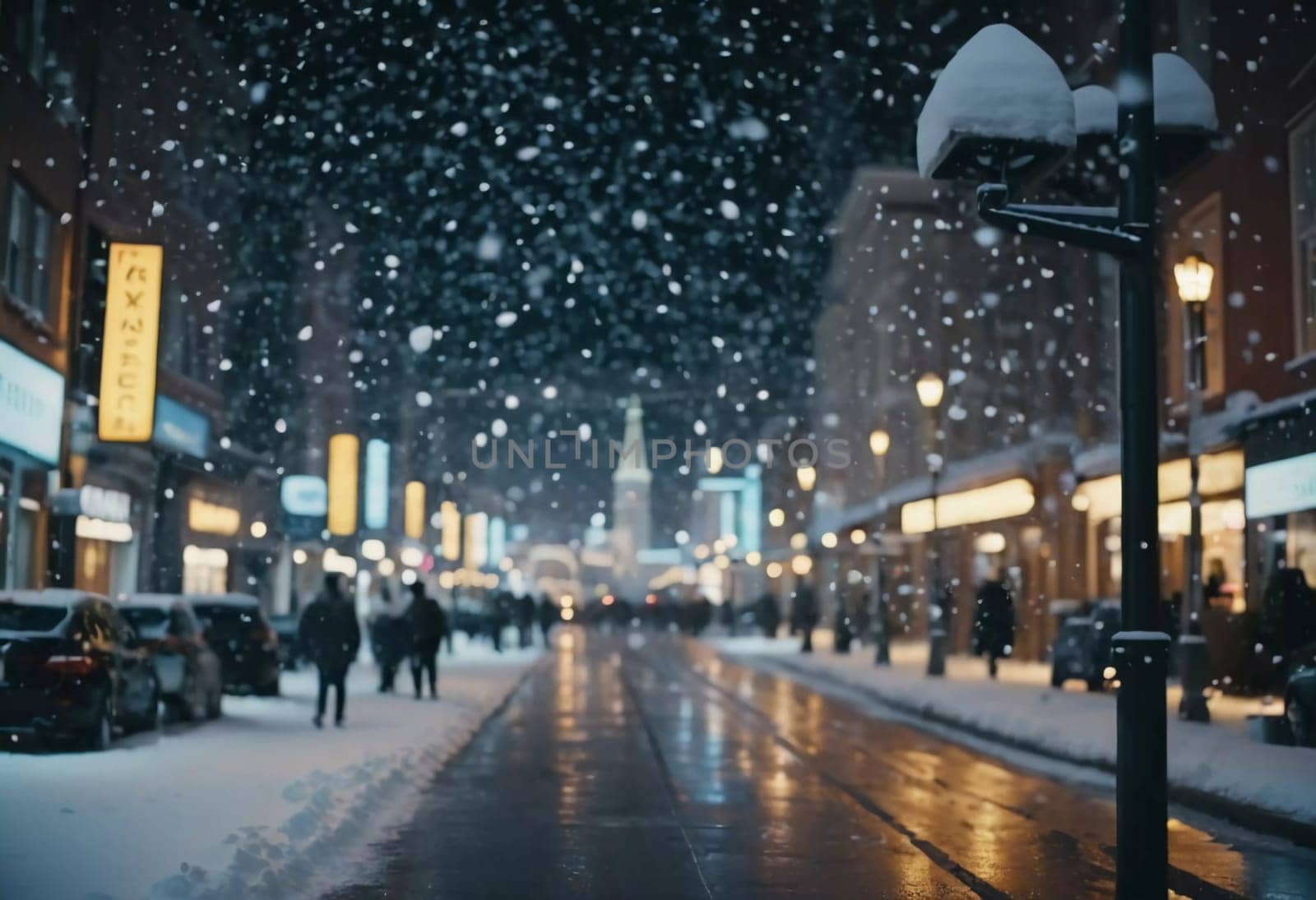 A quiet winter evening envelops a city street, where gently falling snow enhances the glow of Christmas lights. The festive atmosphere attracts people celebrating the New Year. Generative AI.
