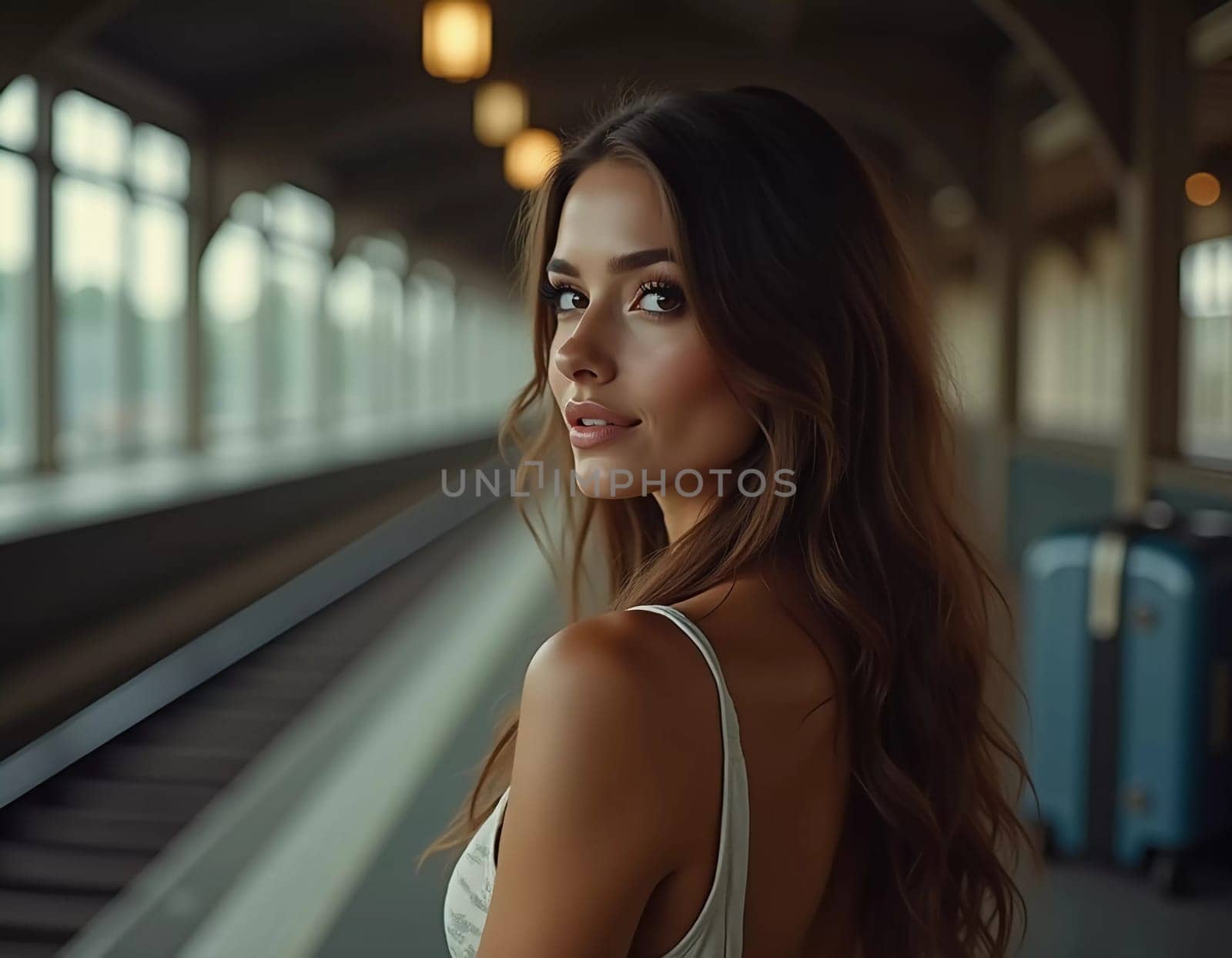 A girl with wavy hair stands at a train station, turning to look at the camera while holding a suitcase. Travelers bustle past her as she waits for her train. Beautiful young woman. Generative AI.
