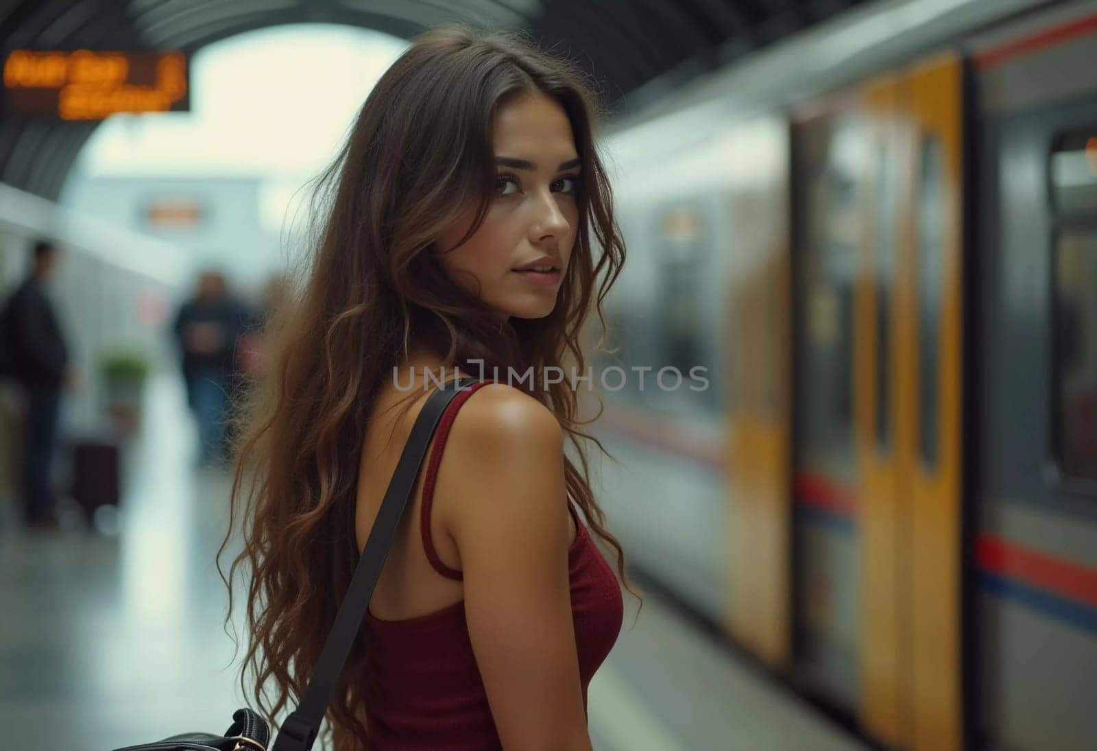 A girl with wavy hair stands at a train station, turning to look at the camera while holding a suitcase. Travelers bustle past her as she waits for her train. Beautiful young woman. Generative AI.