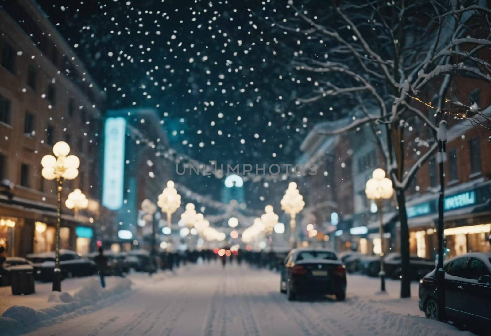 A quiet winter evening envelops a city street, where gently falling snow enhances the glow of Christmas lights. The festive atmosphere attracts people celebrating the New Year. Generative AI.