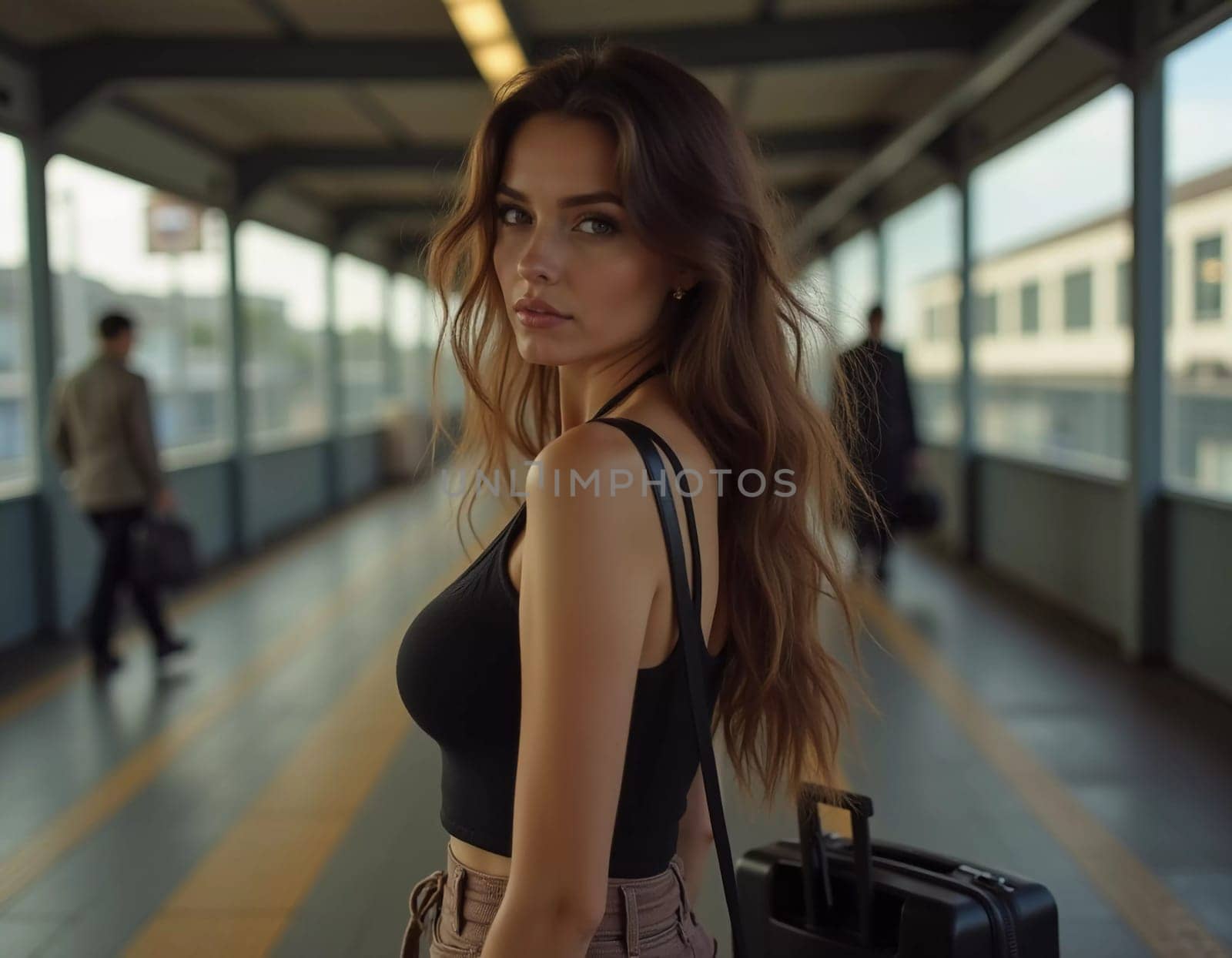 A girl with wavy hair stands at a train station, turning to look at the camera while holding a suitcase. Travelers bustle past her as she waits for her train. Beautiful young woman. Generative AI.