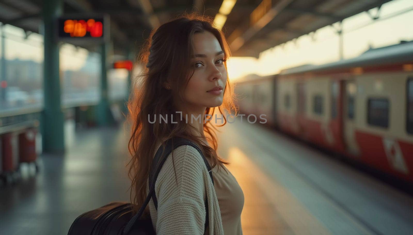 A girl with wavy hair stands at a train station, turning to look at the camera while holding a suitcase. Travelers bustle past her as she waits for her train. Beautiful young woman. Generative AI.