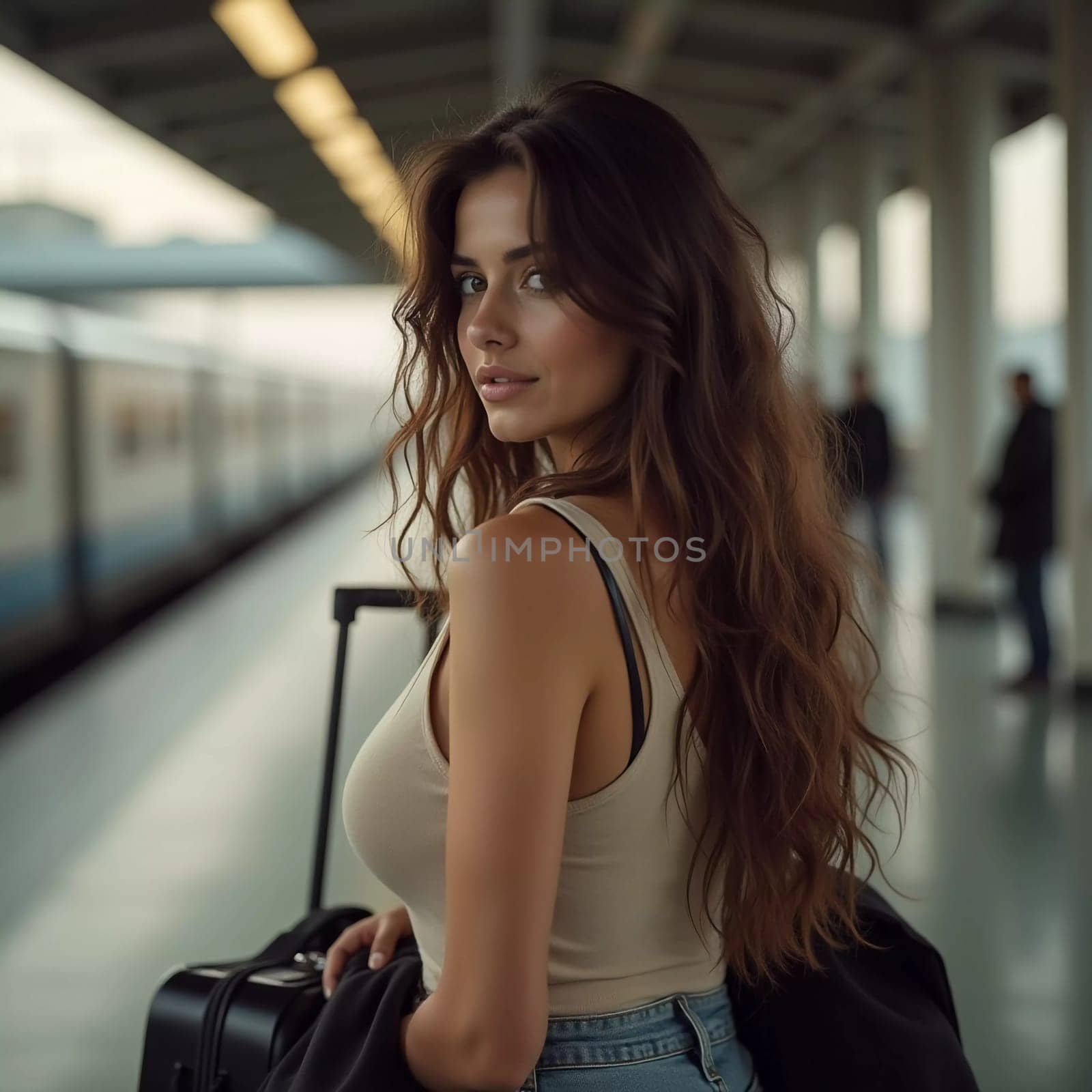 A girl with wavy hair stands at a train station, turning to look at the camera while holding a suitcase. Travelers bustle past her as she waits for her train. Beautiful young woman. Generative AI.