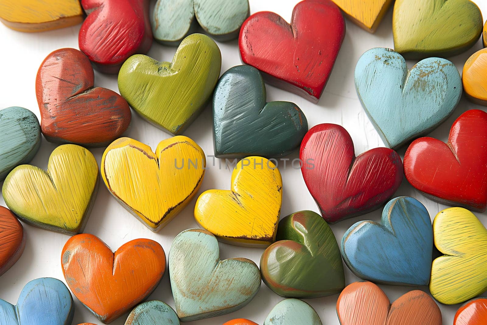 Full-frame background of colorful hearts. Neural network generated image. Not based on any actual person or scene.