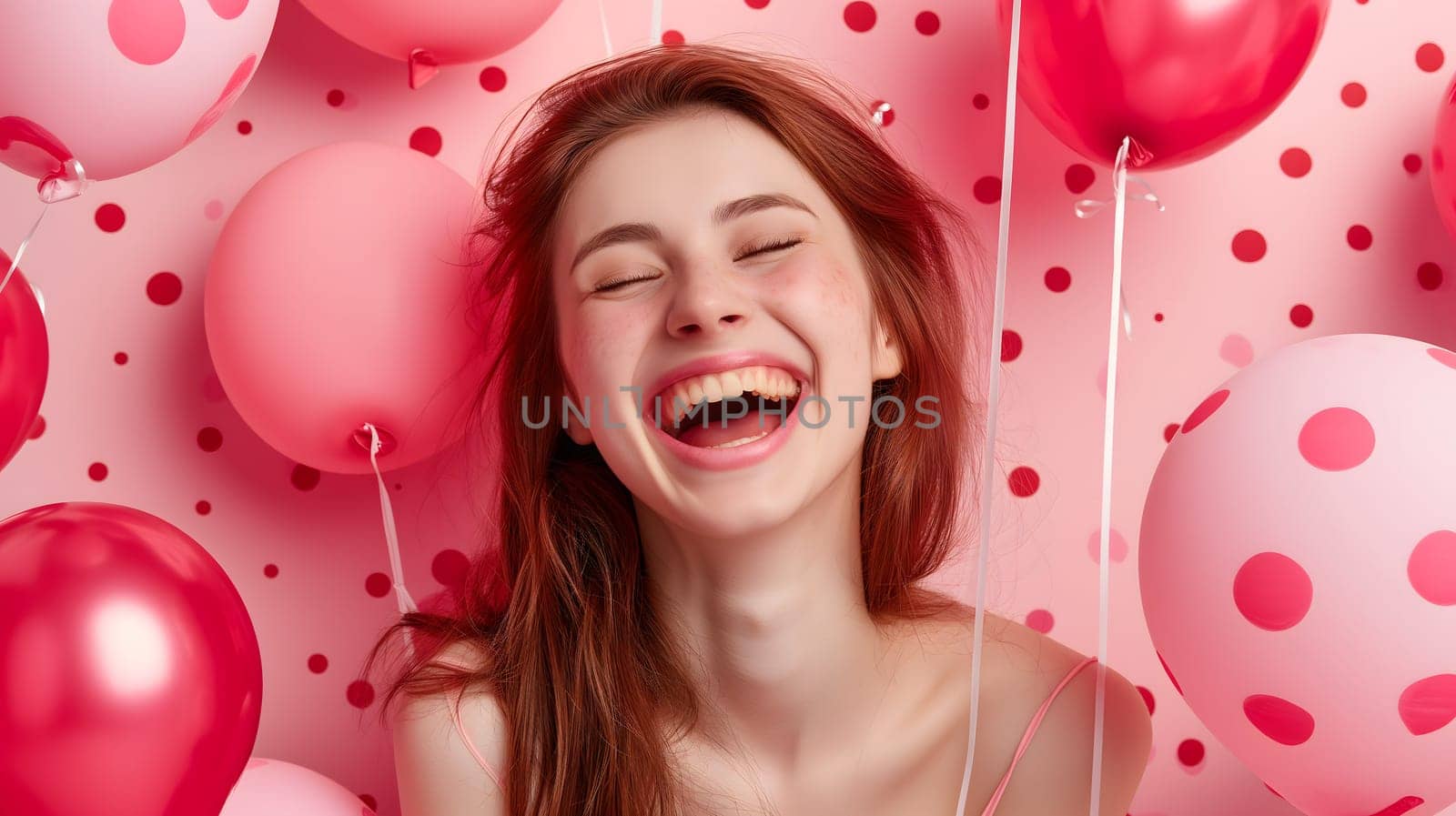 Young adult woman with red and pink air balloons laughing, on pink polka dots background. Happy holiday party. Joyful beauty having fun, celebrating Valentine's Day. Neural network generated image.