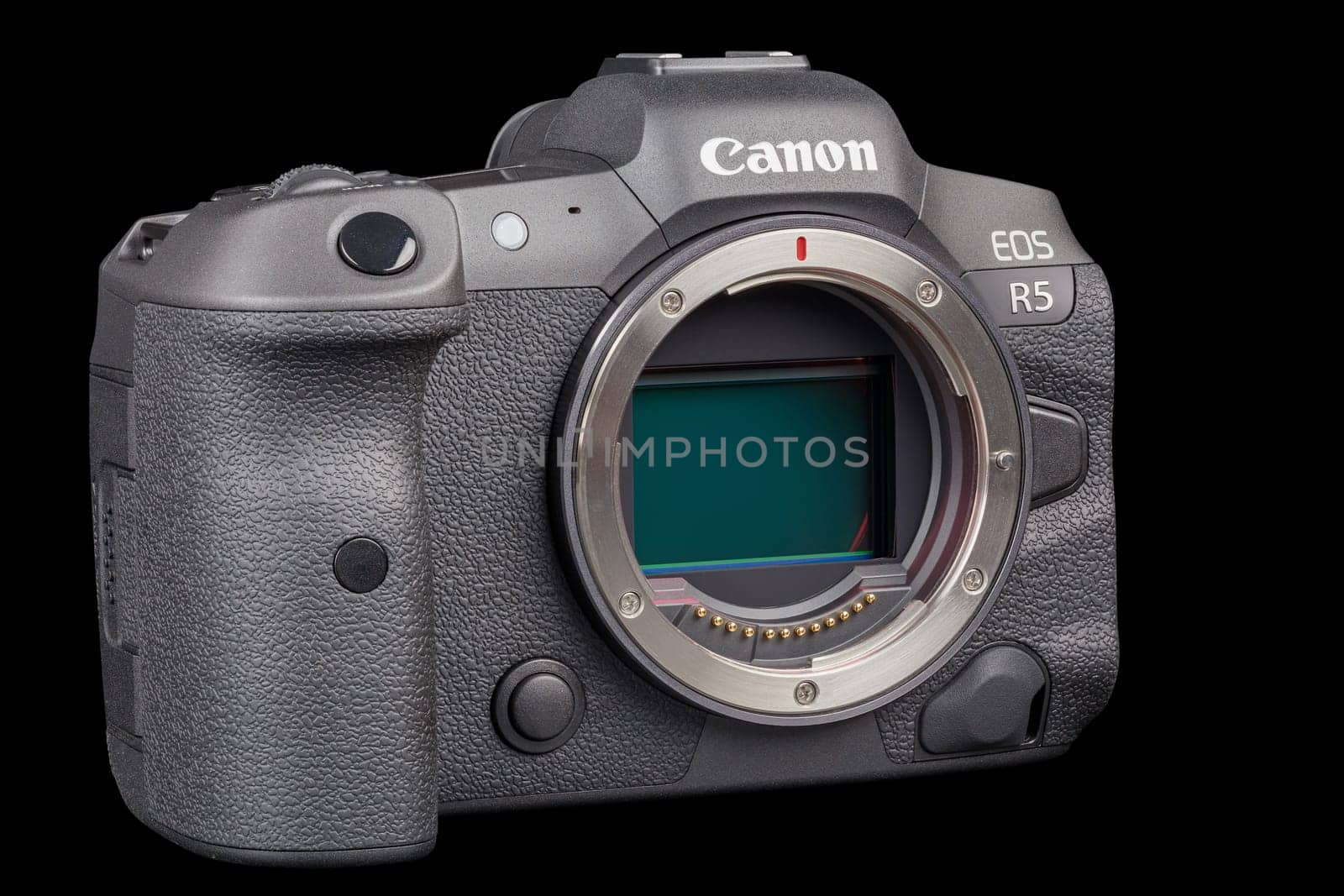 Canon R5 - black professional 35mm full-frame mirrorless camera body with flip screen isolated on black background with focus stacking - Tula, Russia, September 15, 2021