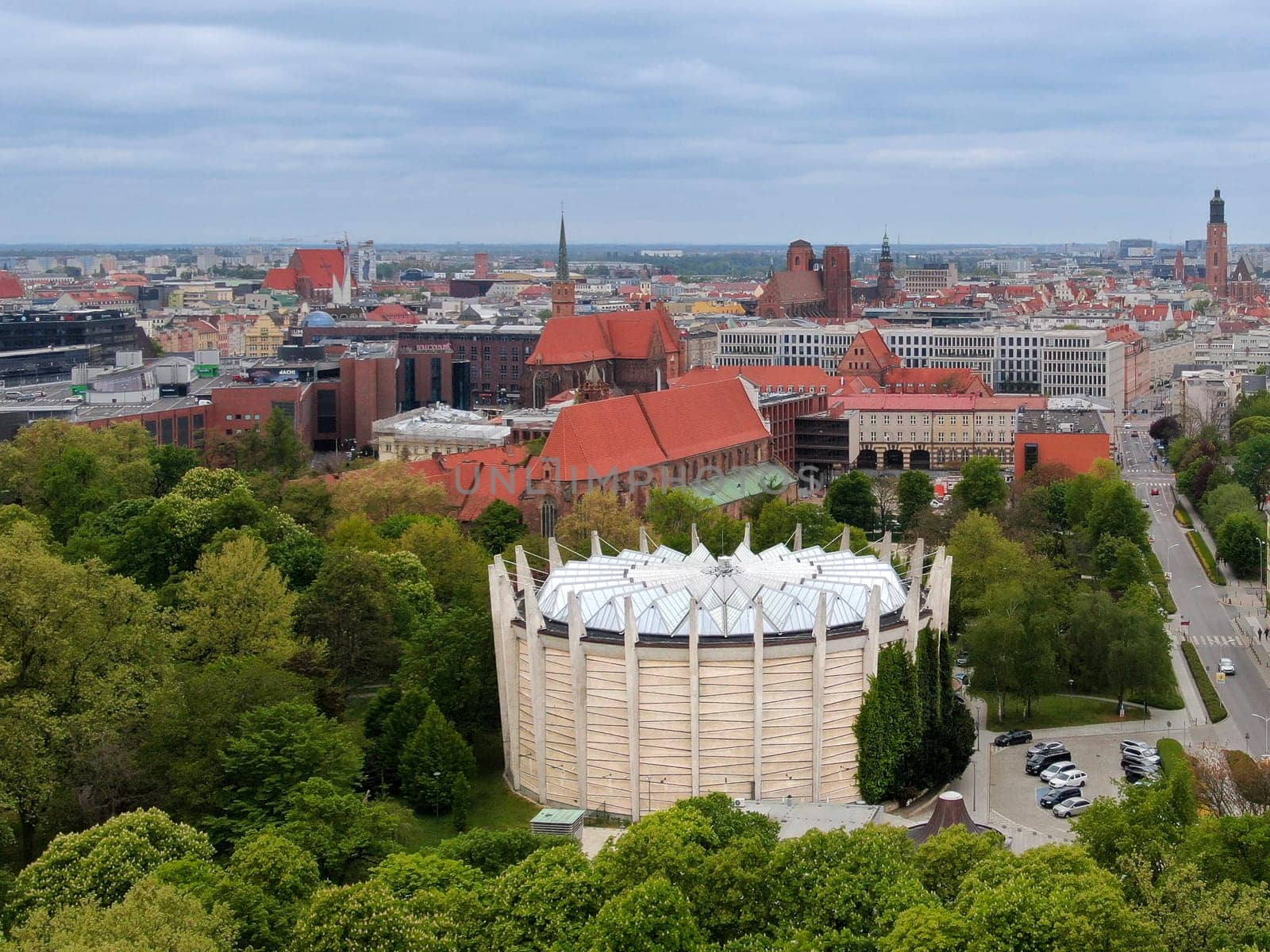 Wroclaw, Poland - Aerial view on city and the round building of the Panorama of the Battle of Raclawice (Panorama Raclawicka). High quality photo