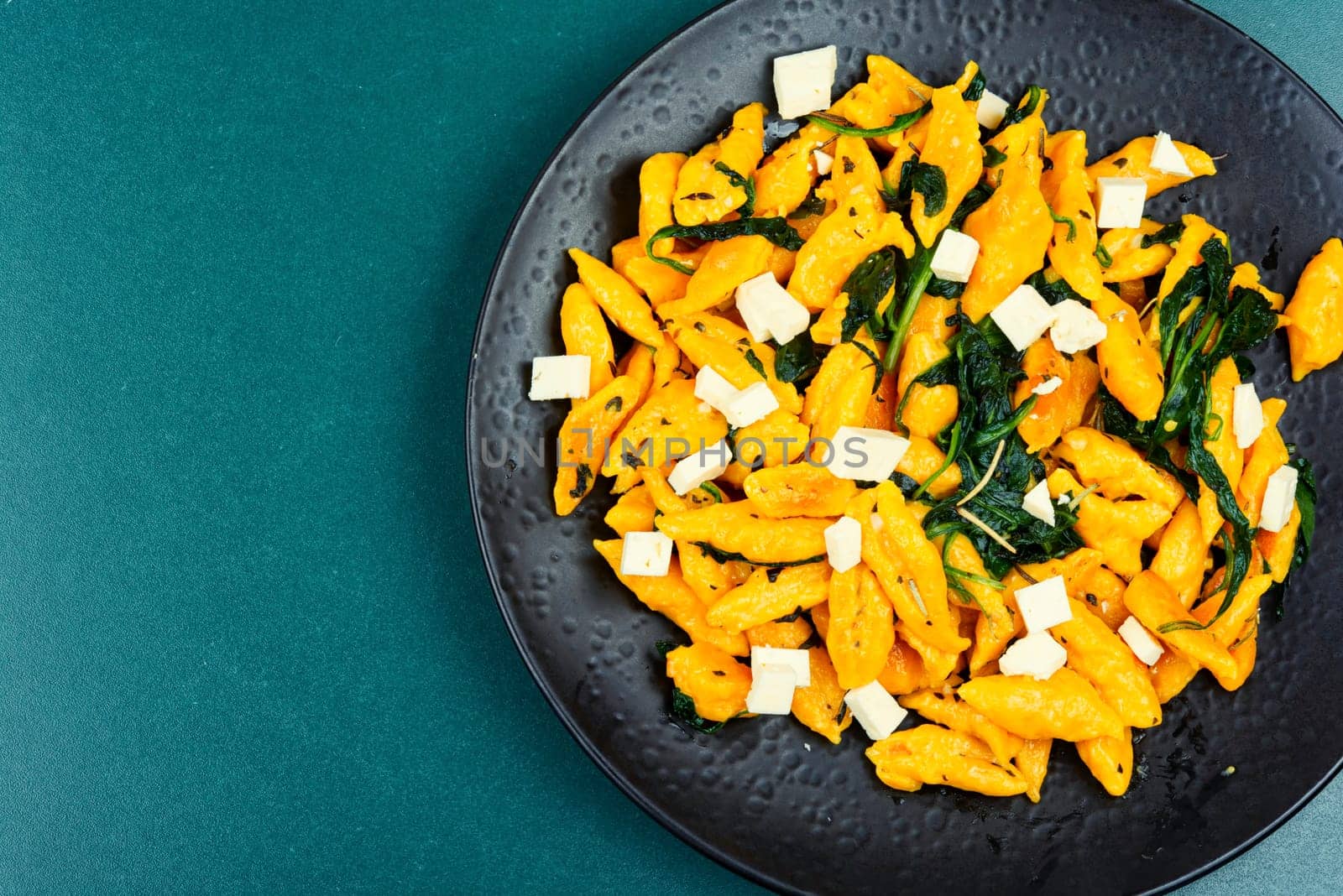 Plate of homemade pumpkin ravioli or dumplings. Vareniki from pumpkin dough. Space for text.
