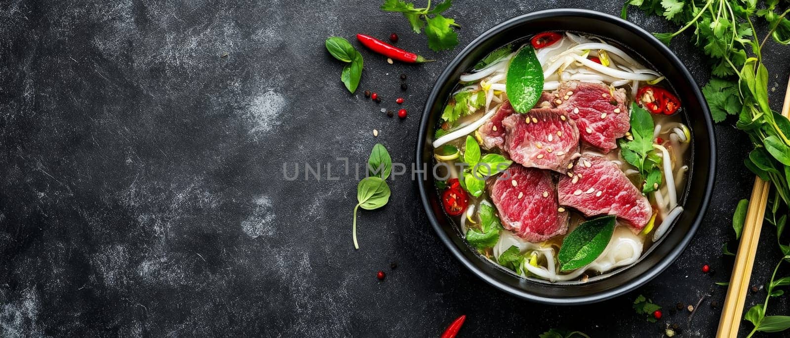 Aromatic Asian beef noodle soup with rare sliced meat, rice noodles, and fresh herbs in a black bowl, served with chopsticks and chili peppers.