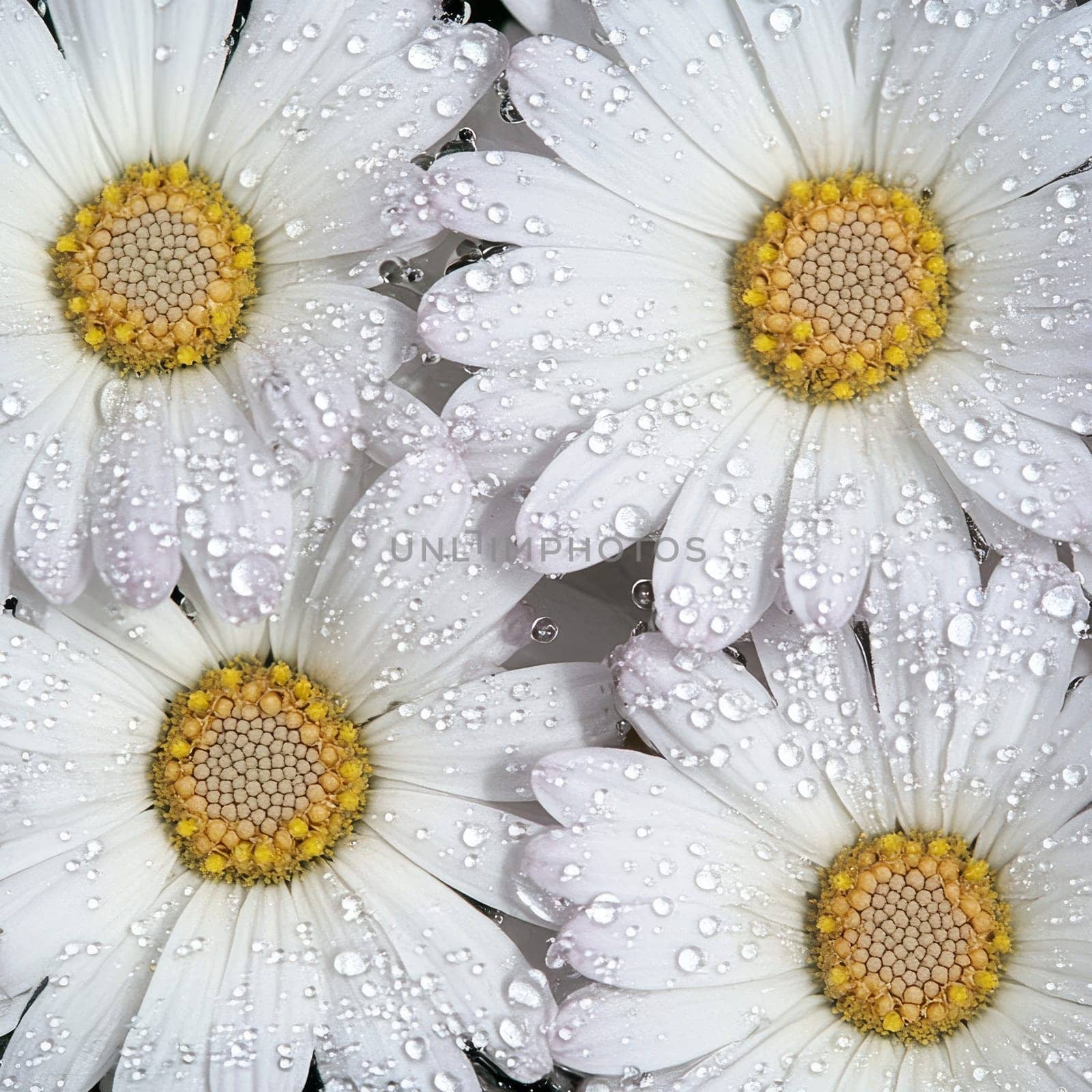 A macro view of white daisy flowers with yellow centers, their petals covered in glistening water droplets, creating a fresh and pure image.