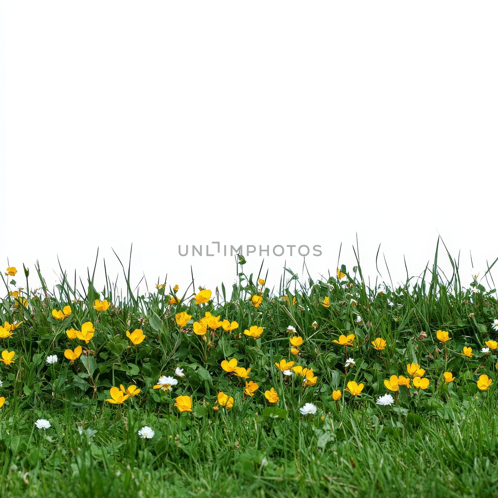 A strip of lush green grass with yellow buttercups and white daisies against a pure white background, perfect for design elements or nature concepts.
