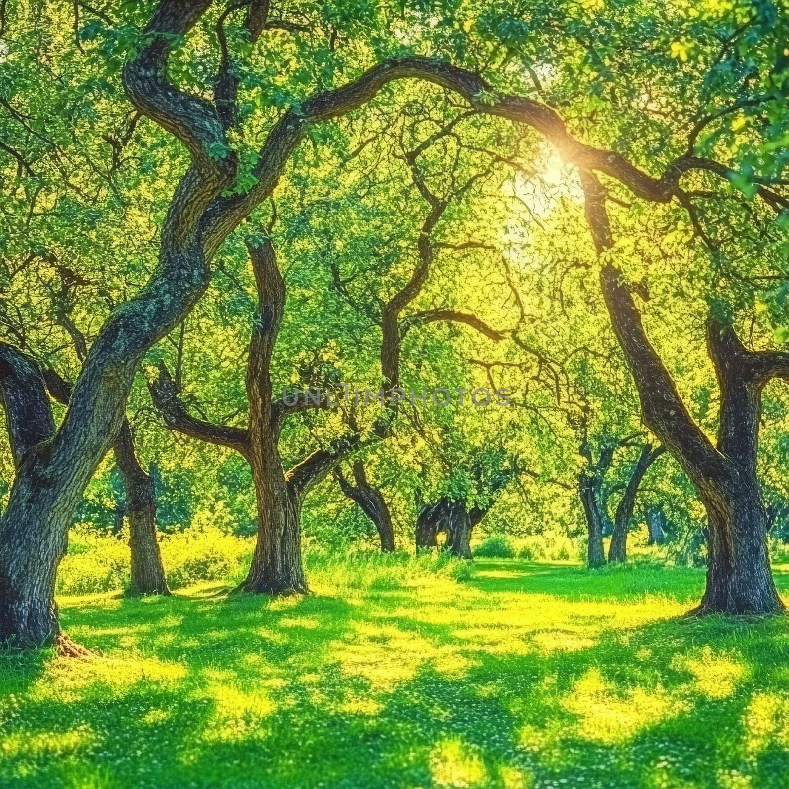 Majestic old trees in a lush green forest, illuminated by warm sunlight filtering through the canopy, creating a magical and serene atmosphere.