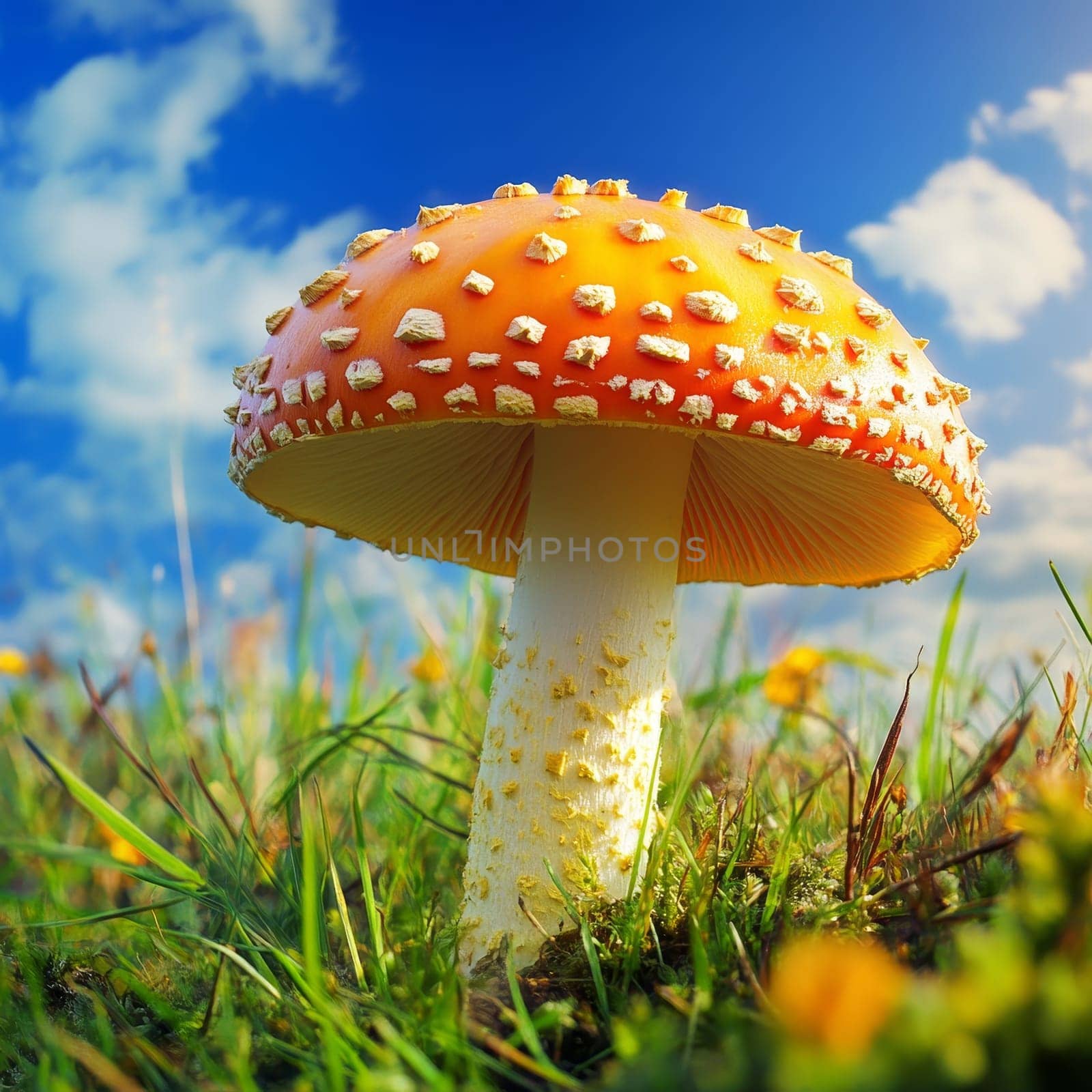 Close-up of a bright red and white spotted fly agaric mushroom growing in lush green grass under a vivid blue sky, with fluffy white clouds.