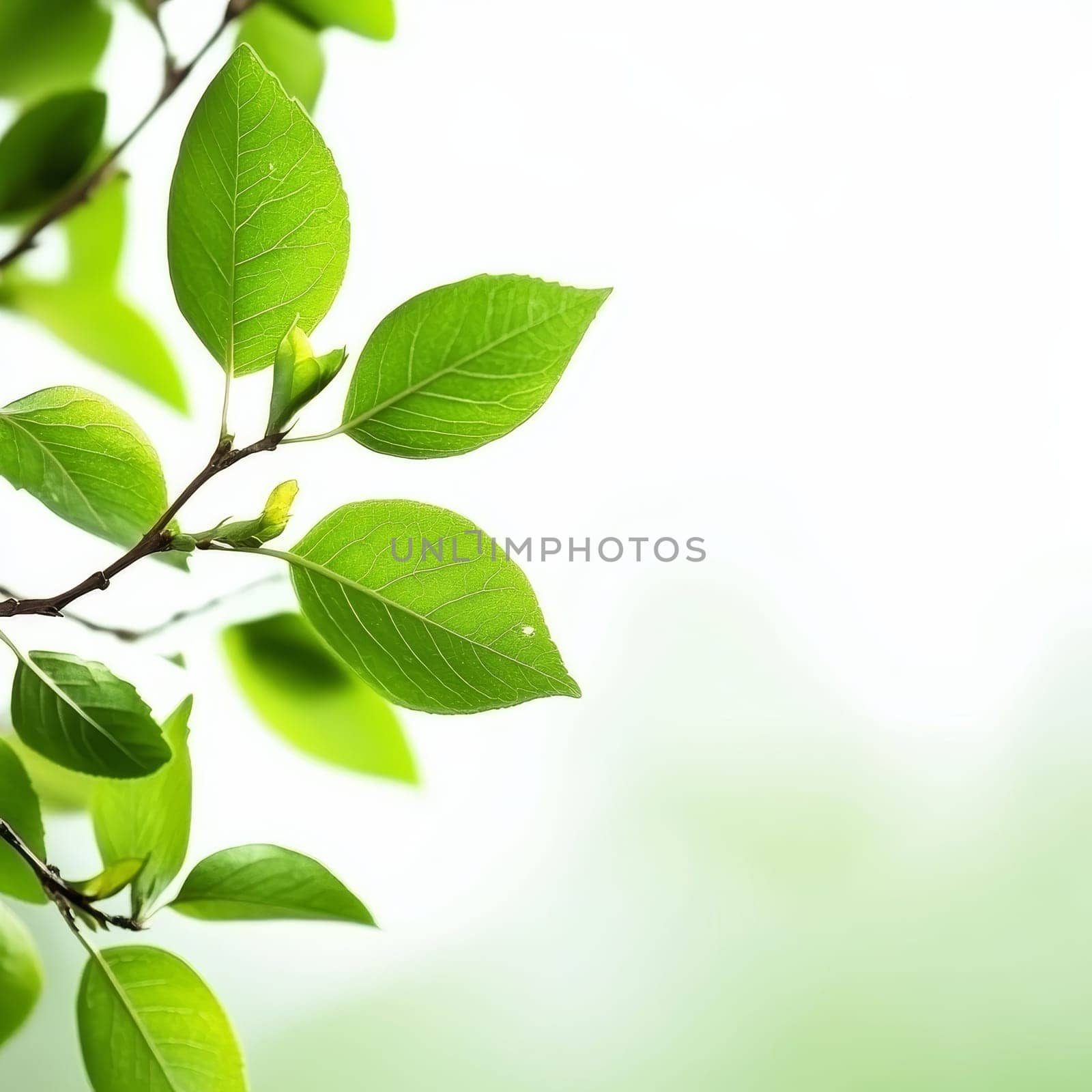 Vibrant green leaves on a branch with visible veins, backlit by soft sunlight against a white background, symbolizing growth, renewal, and natural beauty.