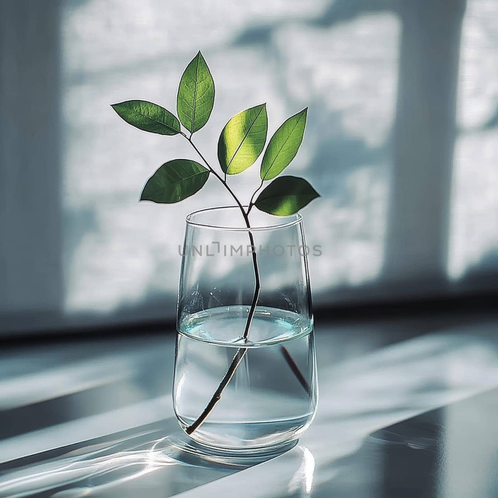 Fresh green leaves in a clear glass of water, placed on a surface with dramatic window shadow patterns, representing growth and simplicity.