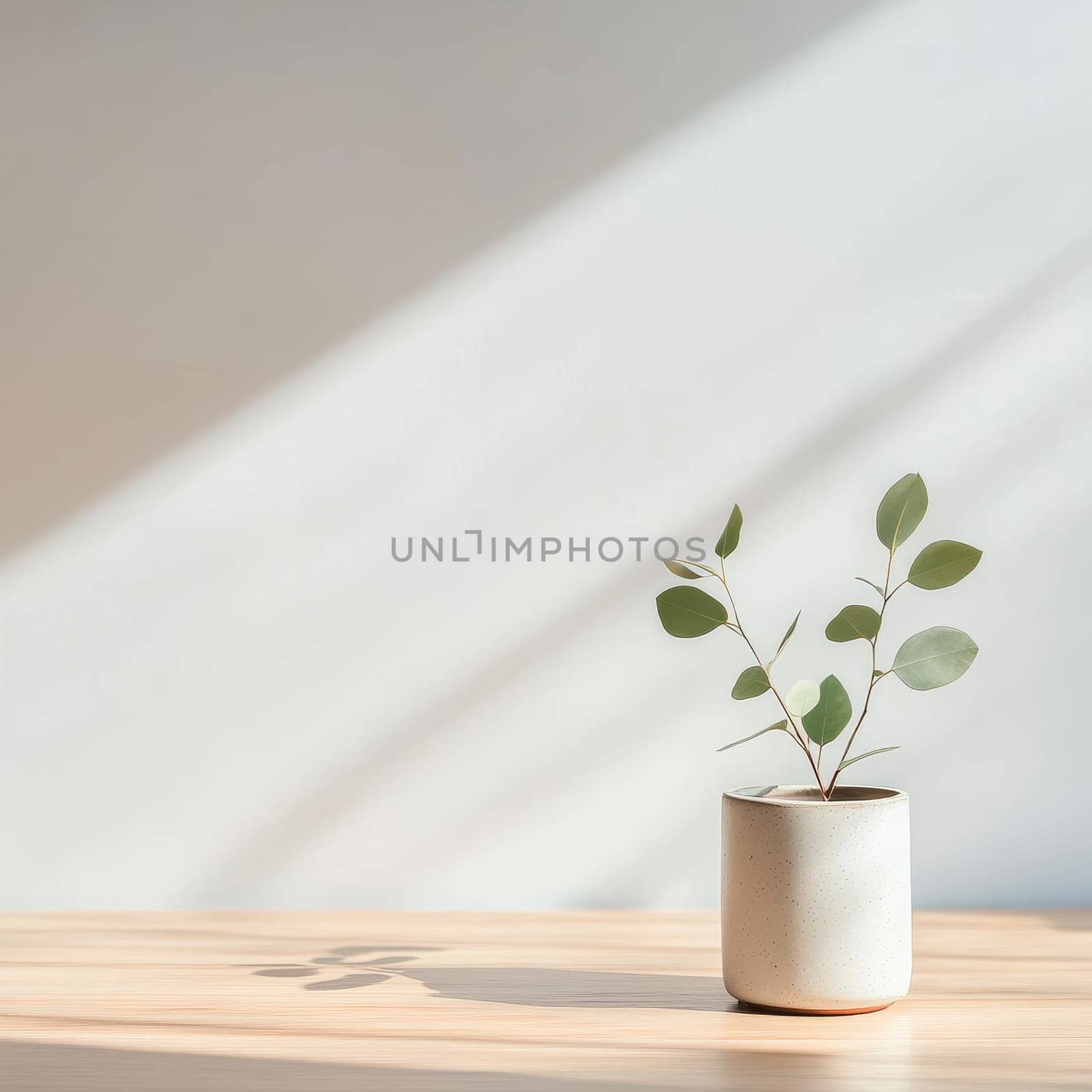 A small potted plant with round leaves in a white ceramic container on a wooden surface, bathed in soft sunlight with shadow play, embodying modern interior aesthetics.