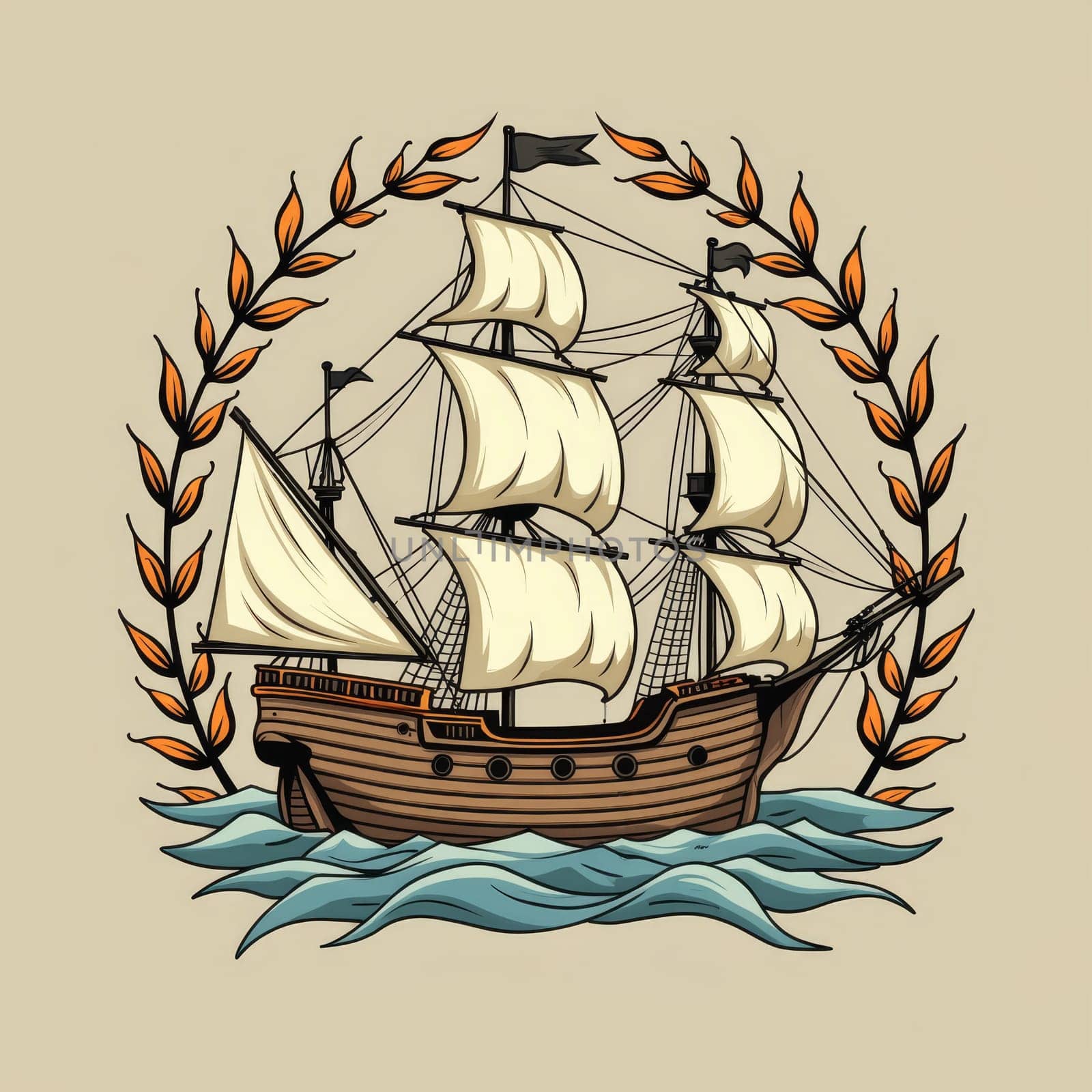 Illustration of a classical sailing ship surrounded by a golden laurel wreath, set against a beige background, evoking maritime history and achievement.
