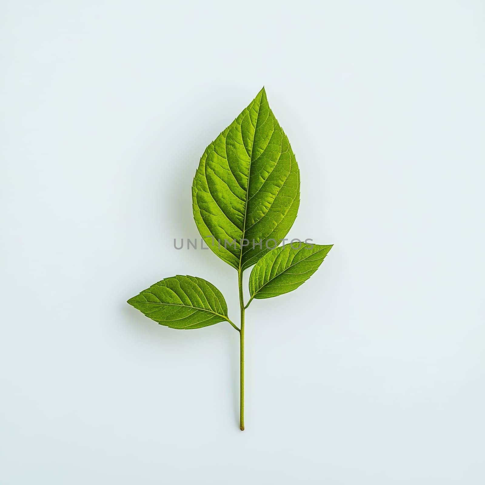 Close-up of vibrant green leaves with visible veins on a pristine white background, showcasing natural beauty and botanical detail.