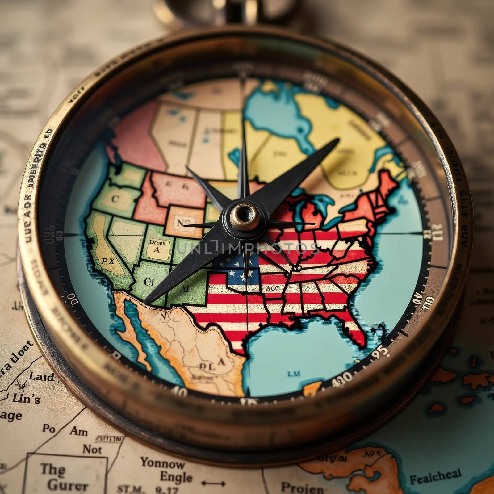 An antique brass compass featuring a USA flag map face rests on old maps, symbolizing American exploration and navigation history.