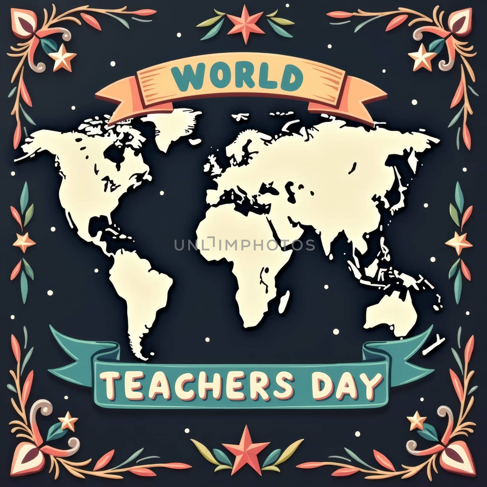 Colorful illustration of world map with decorative floral elements and text 'World Teachers Day' for global education celebration.