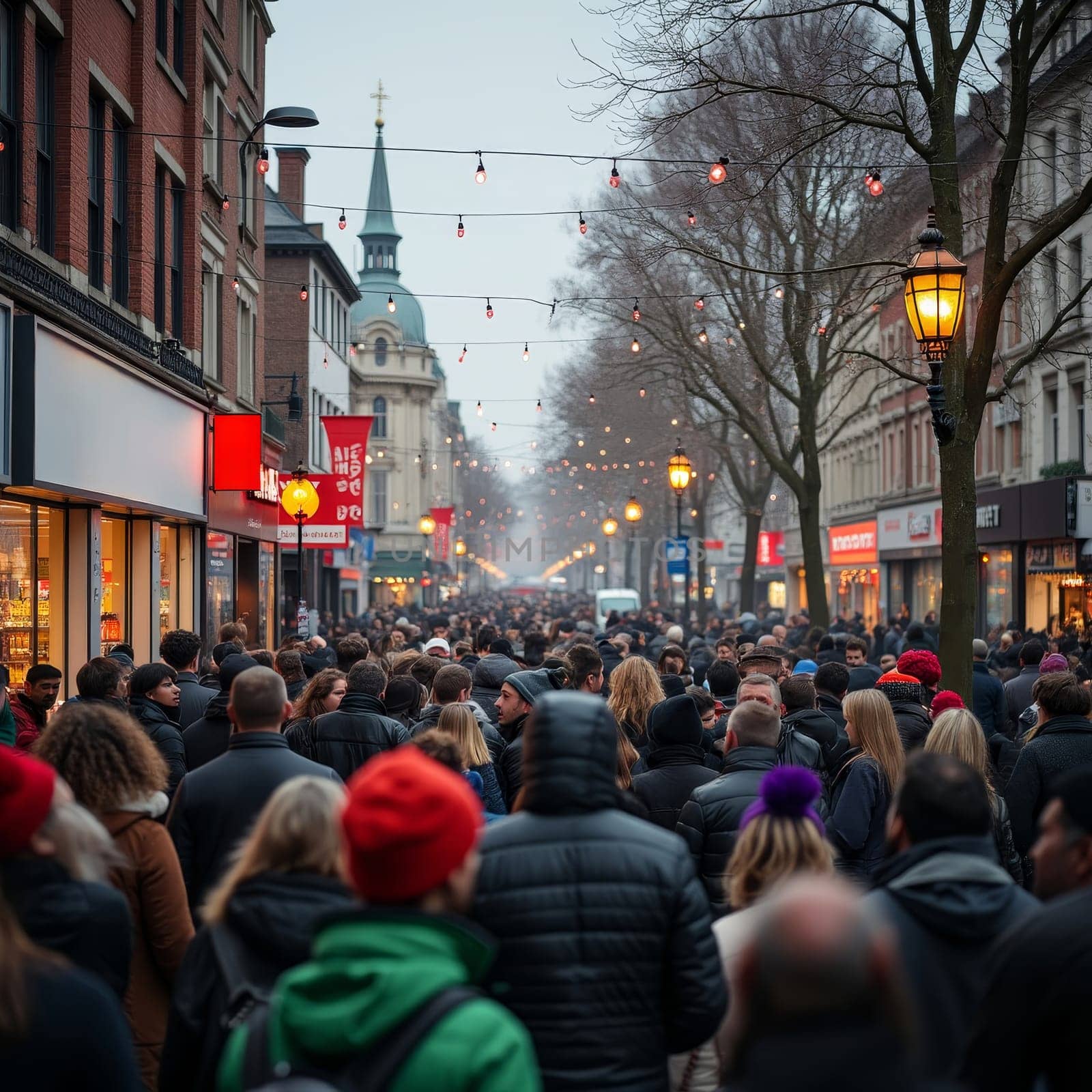 Bustling city street filled with holiday shoppers, festive lights, and decorations, showcasing the vibrant atmosphere of urban Christmas shopping season.