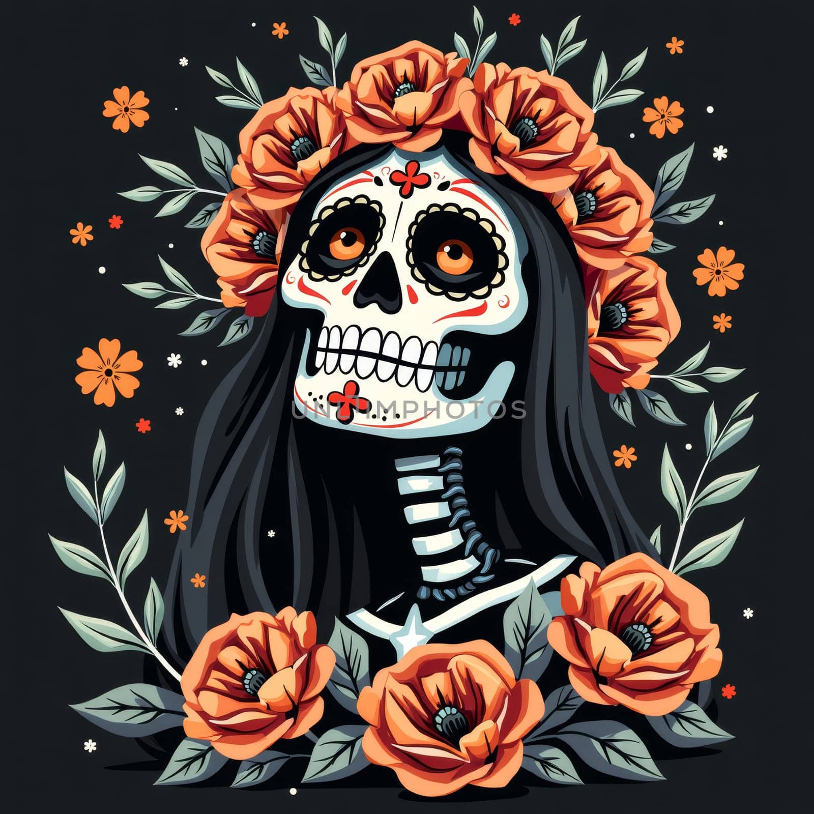 Colorful illustration of Day of the Dead sugar skull with orange poppy flower crown, depicting Mexican holiday tradition and folk art on dark background.