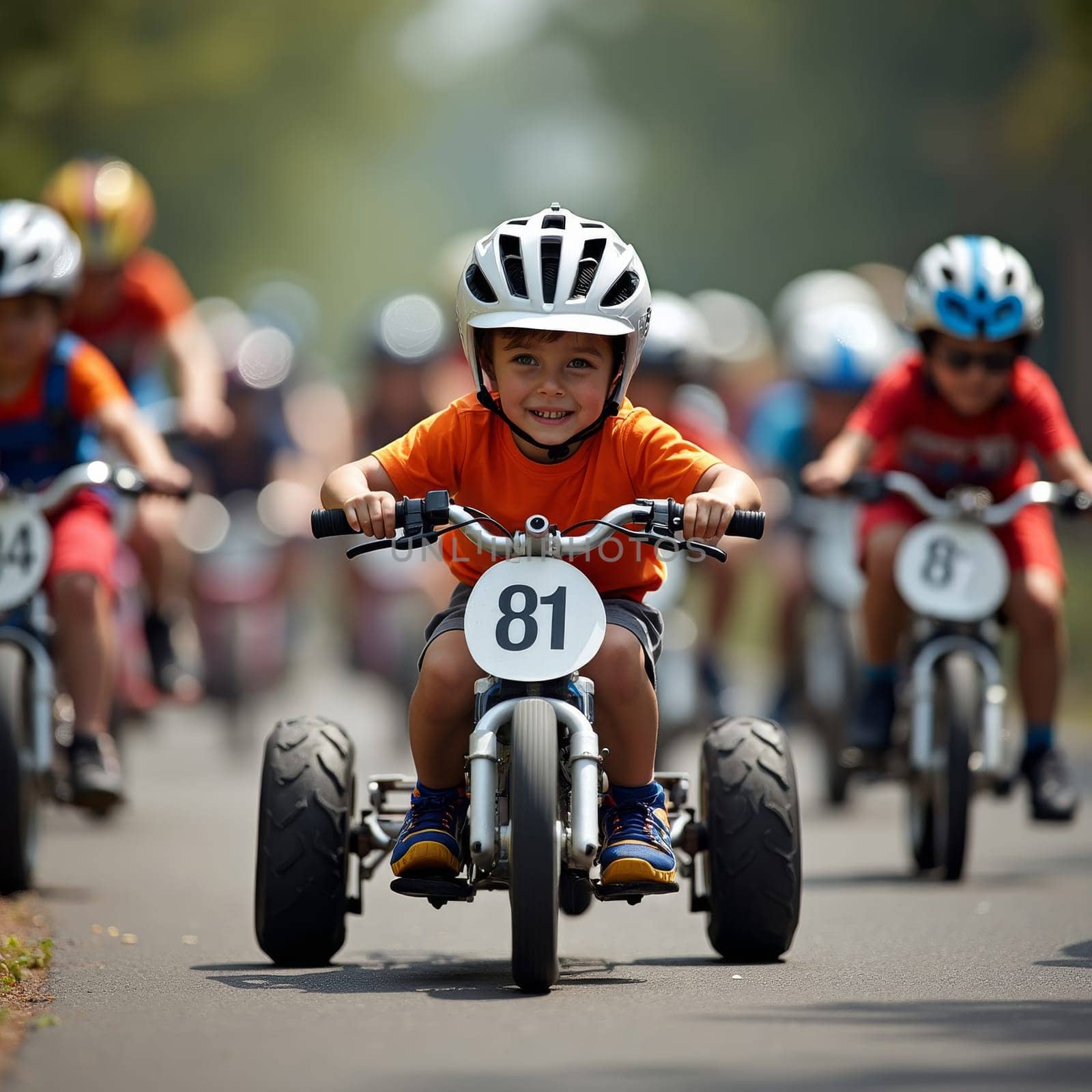 Young boy with beaming smile racing a mini motorcycle in children's competition, wearing helmet and orange shirt, showcasing youth sports and outdoor activities.