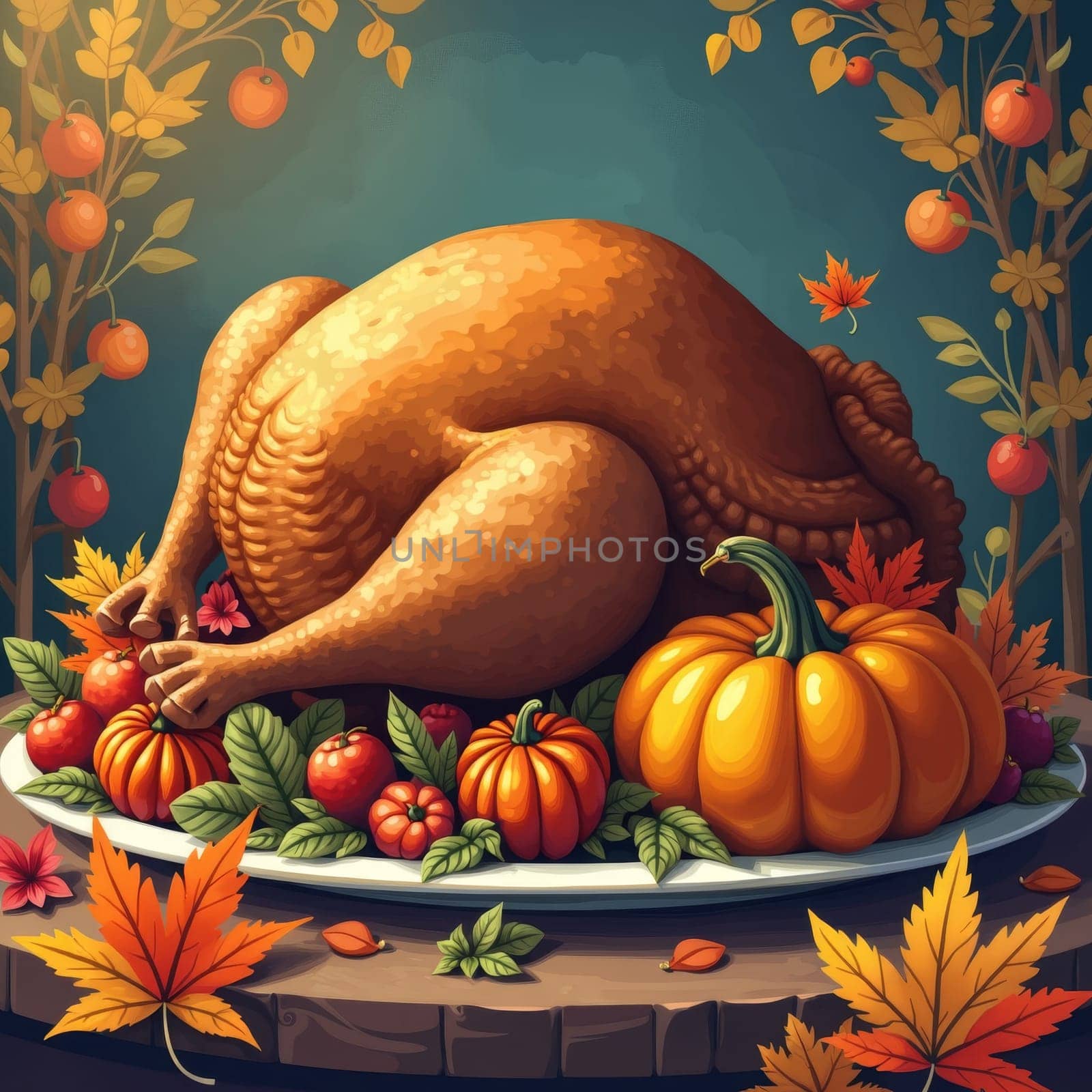 Vibrant digital illustration of a roasted turkey surrounded by pumpkins, autumn leaves, and fruits on a platter, set against a teal background with decorative elements.