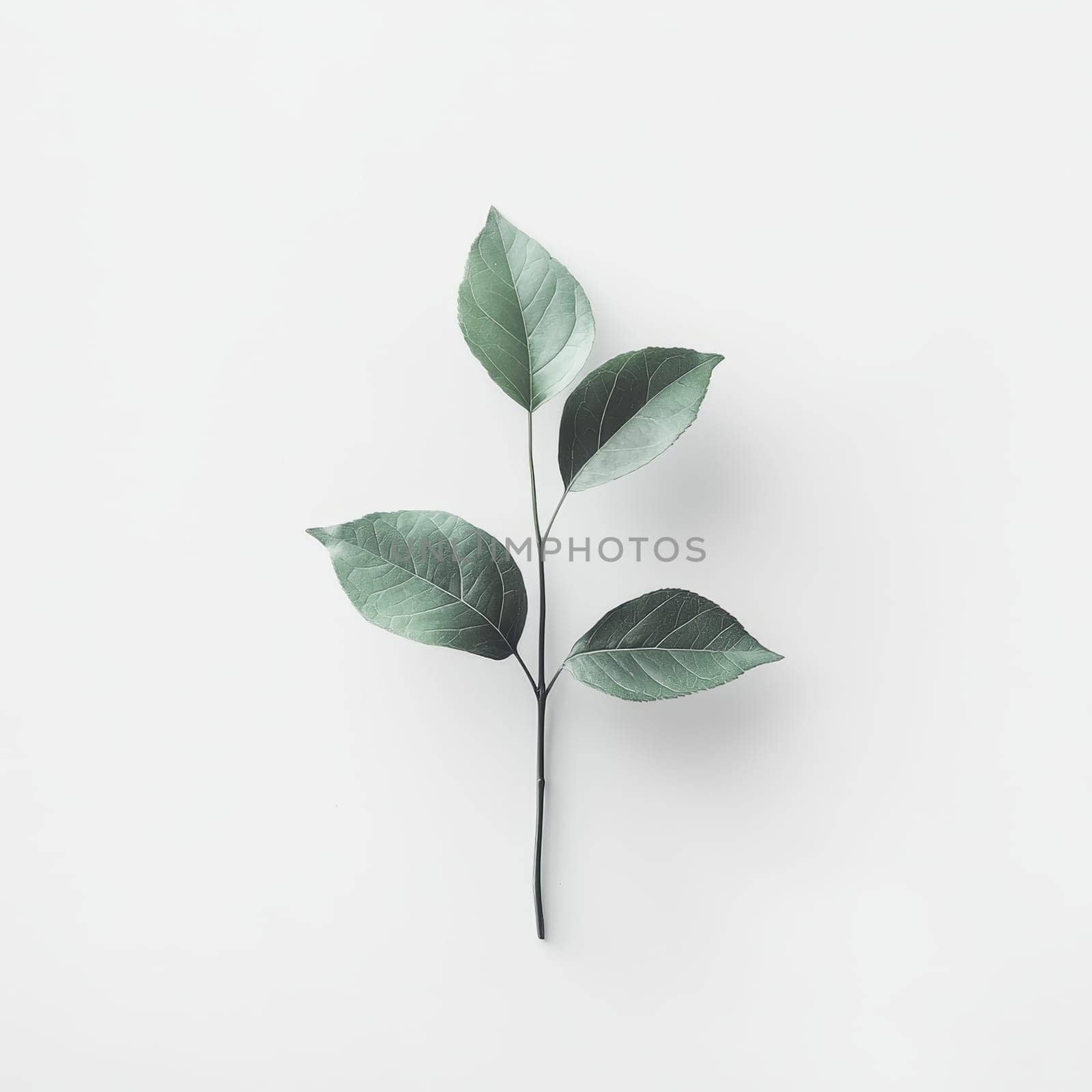 A delicate branch with four green leaves arranged artistically against a pure white background, embodying simplicity, nature, and minimalist design.