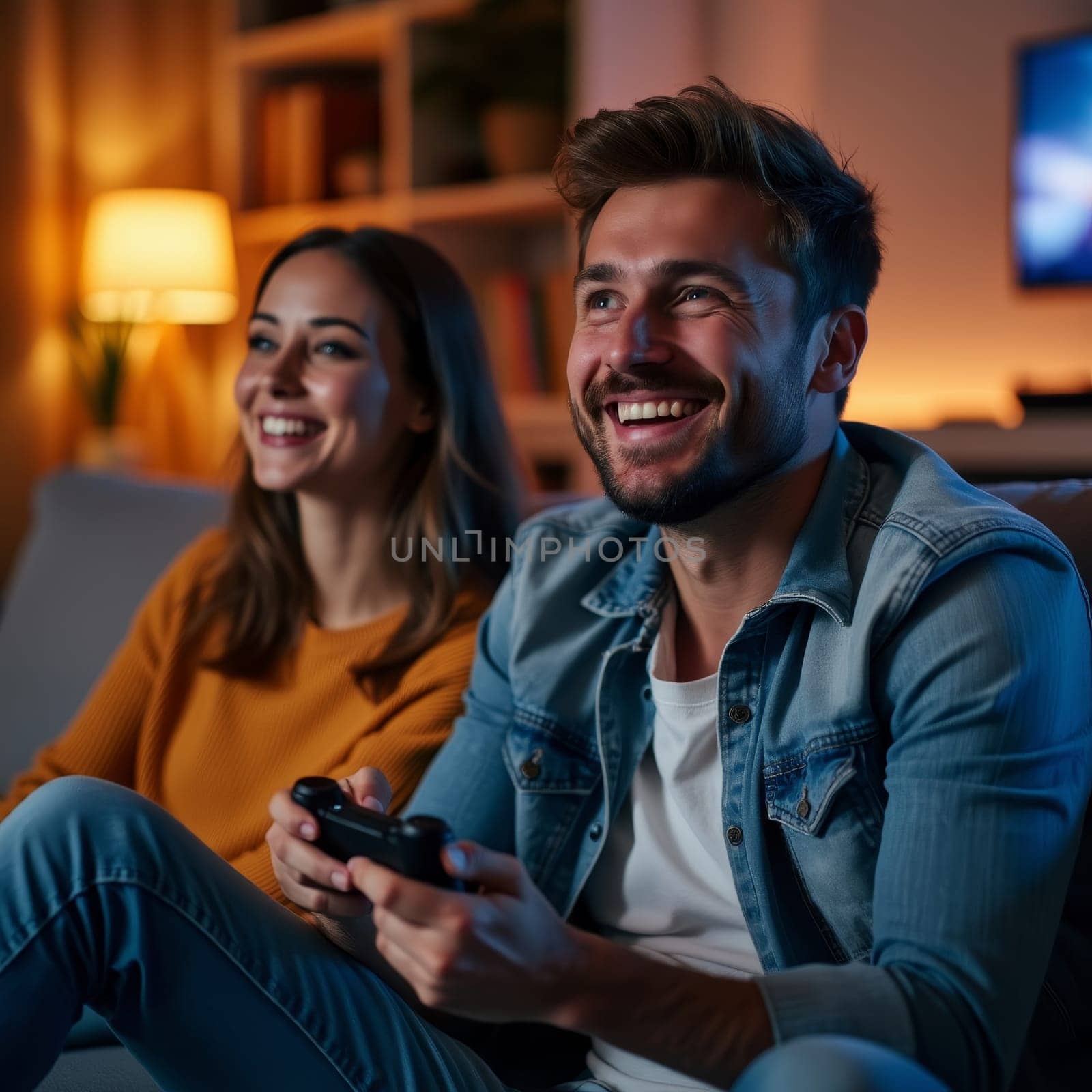 Smiling couple playing video games together in cozy living room with warm lighting, showcasing modern entertainment and relationship bonding.