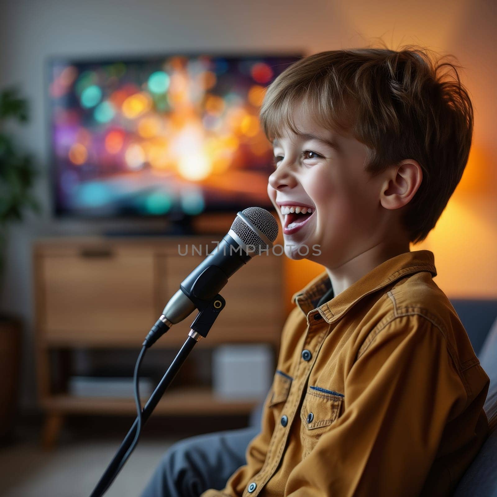 Enthusiastic young boy singing into professional microphone at home with colorful TV screen in background, capturing childhood passion for music and entertainment.