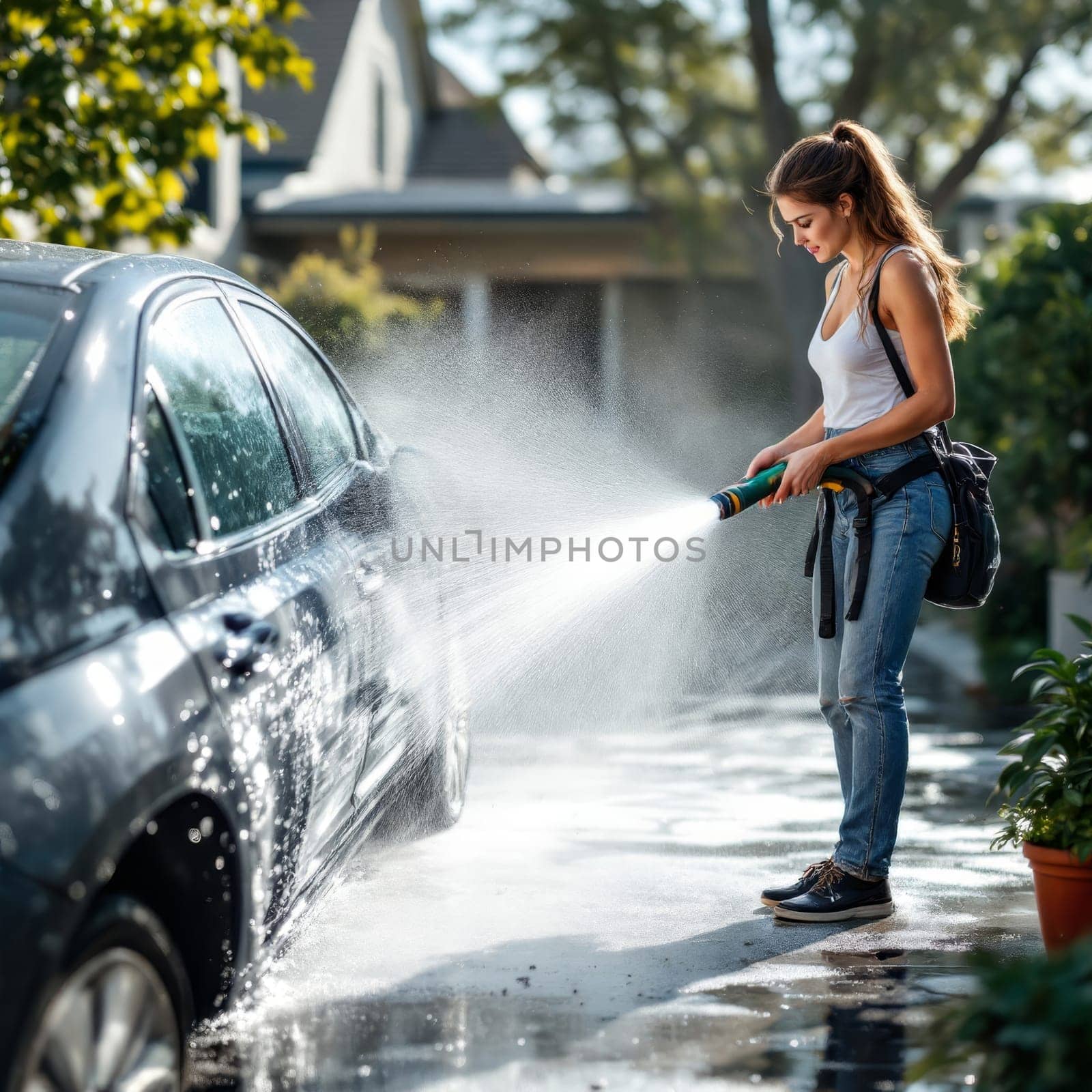 Young woman washing a car in the driveway on a sunny day, enjoying outdoor chores.