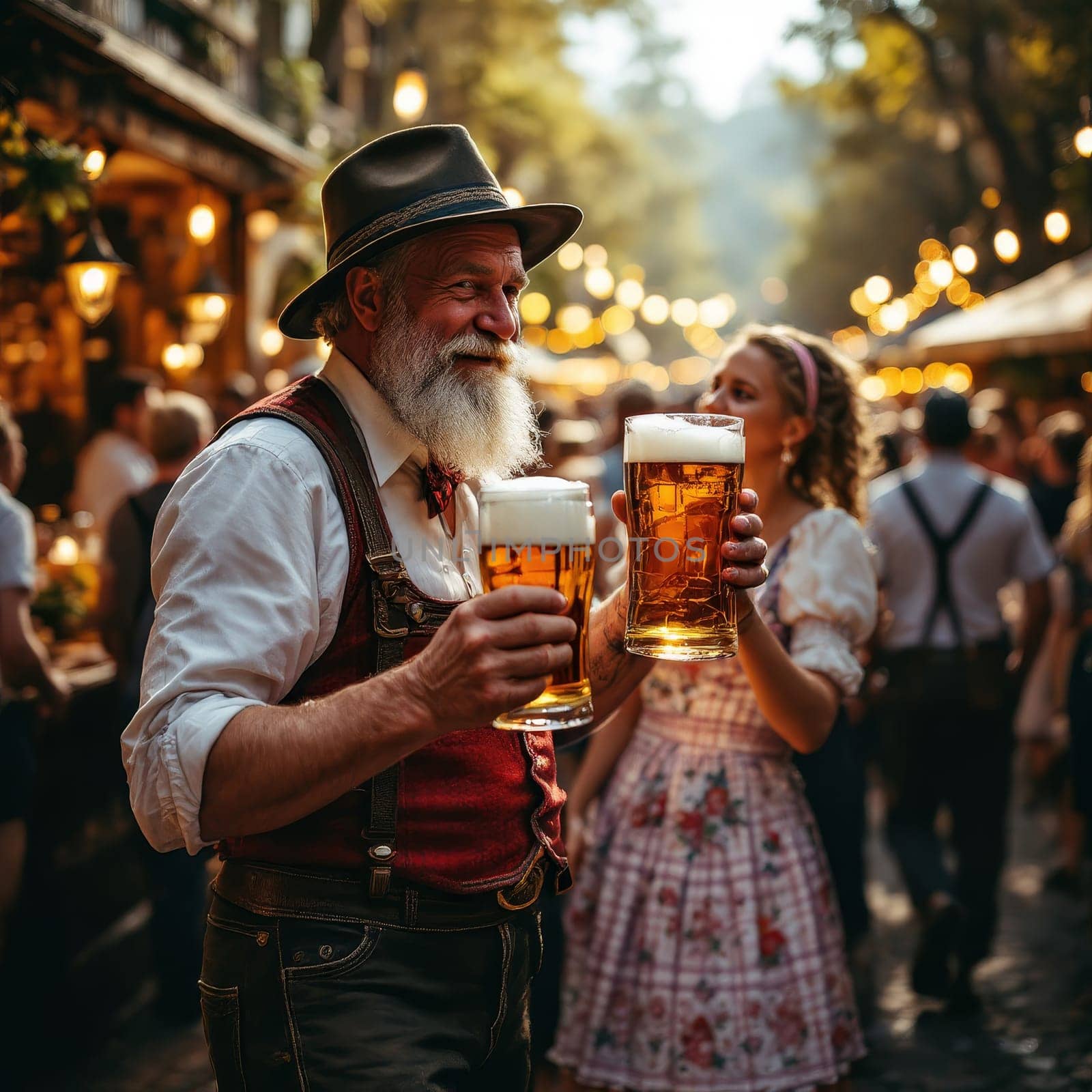 Smiling elderly man in traditional Bavarian attire holding two large beer mugs at a festive outdoor celebration, with blurred crowd and string lights in background.