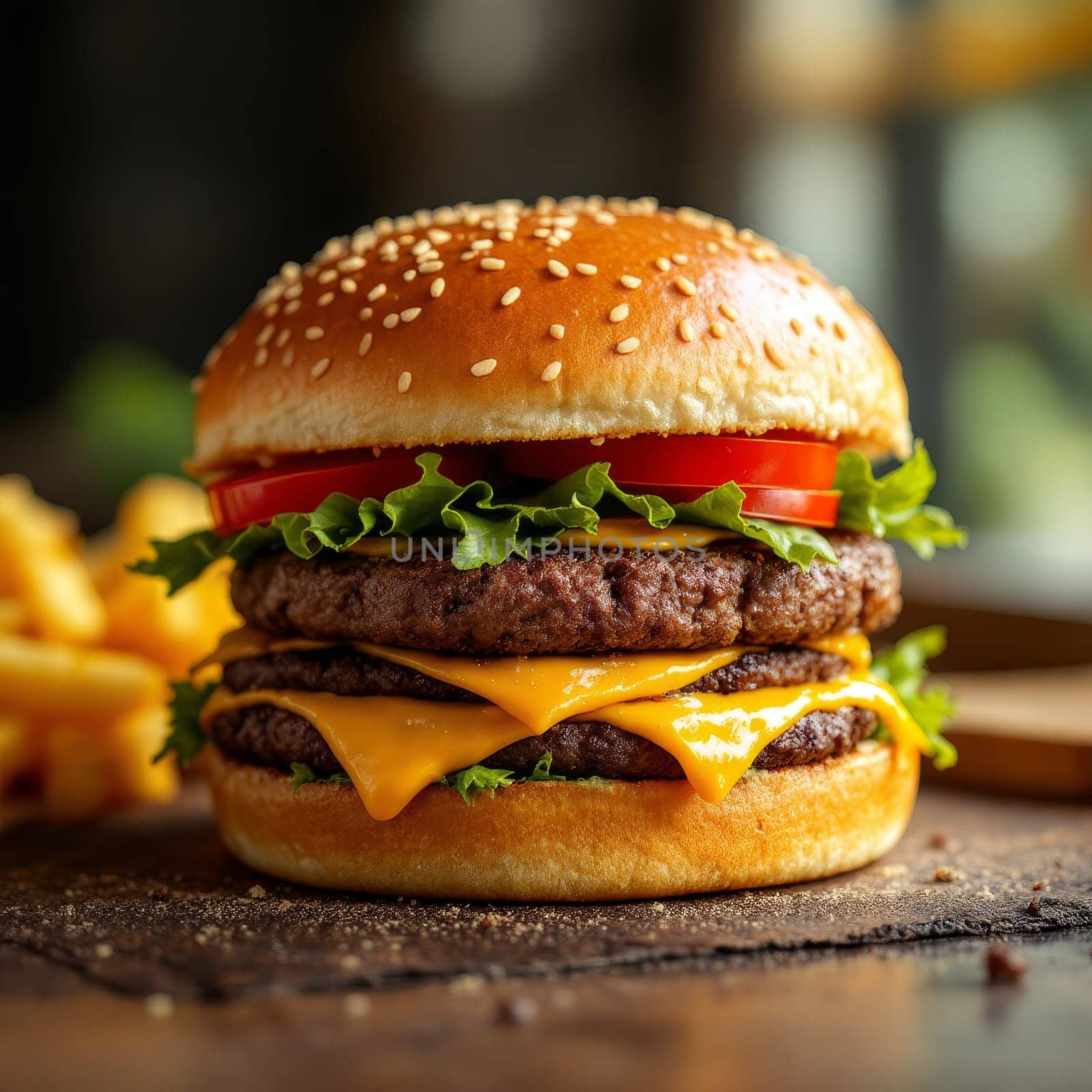 Delicious double cheeseburger with fresh lettuce, tomato, and melted cheese served with crispy fries on a rustic table.