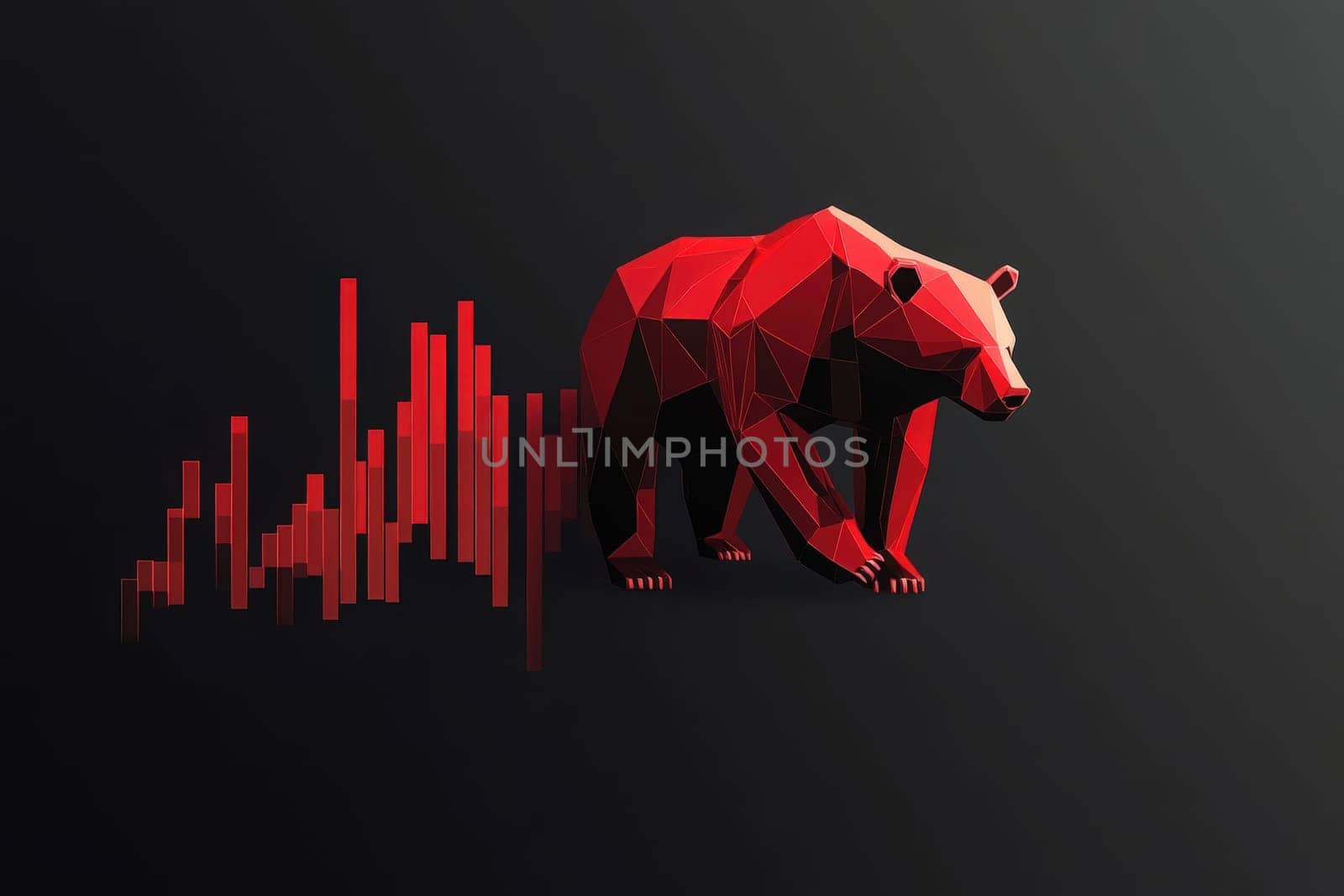 The artwork features a striking minimalist design showcasing a geometric bear, symbolizing bearish market trends, alongside a red bar graph reflecting market decline.