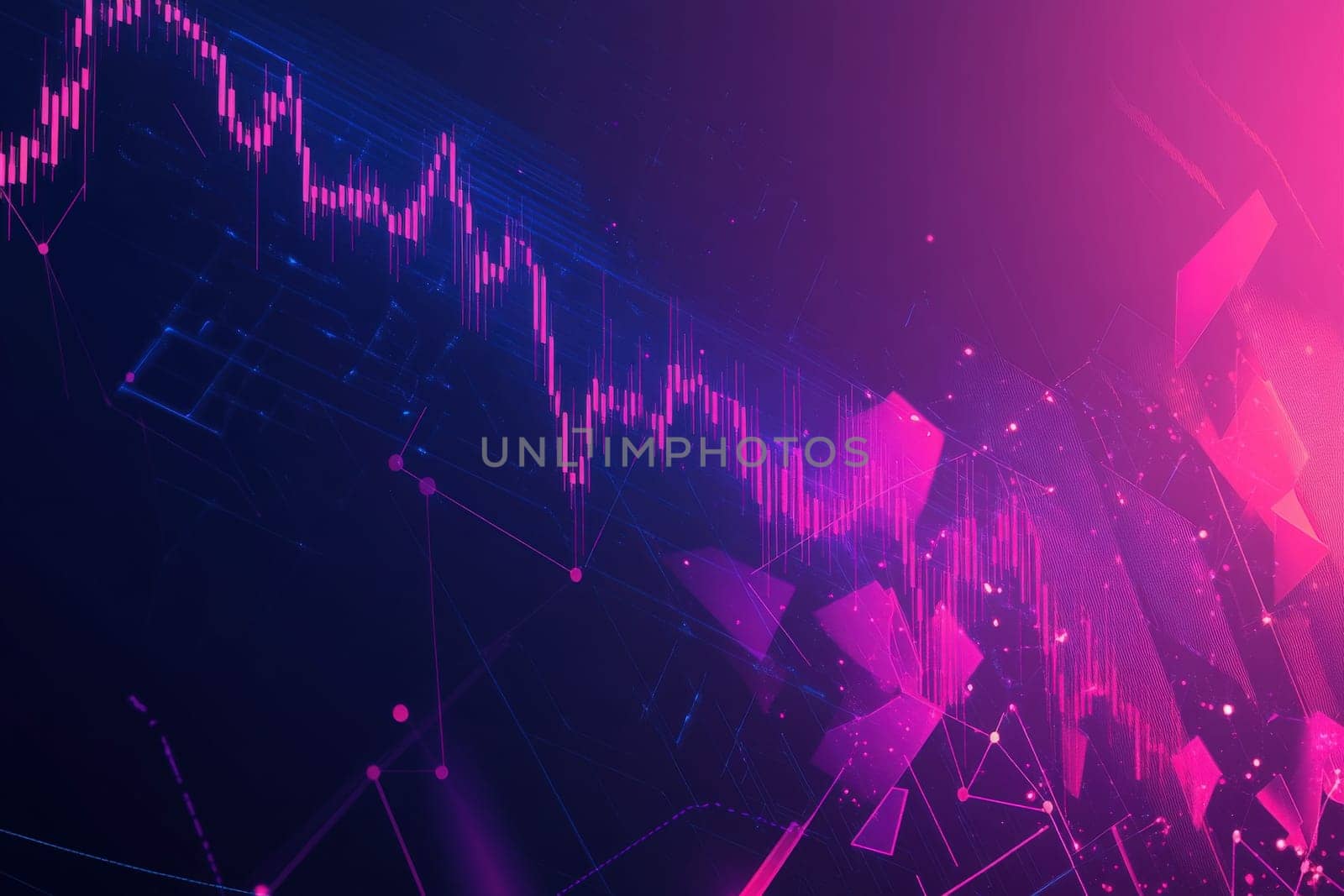 A stock chart is shown on a bold and vibrant background, highlighting significant market movements and trends. The graphic combines dynamic geometric shapes with a colorful palette.