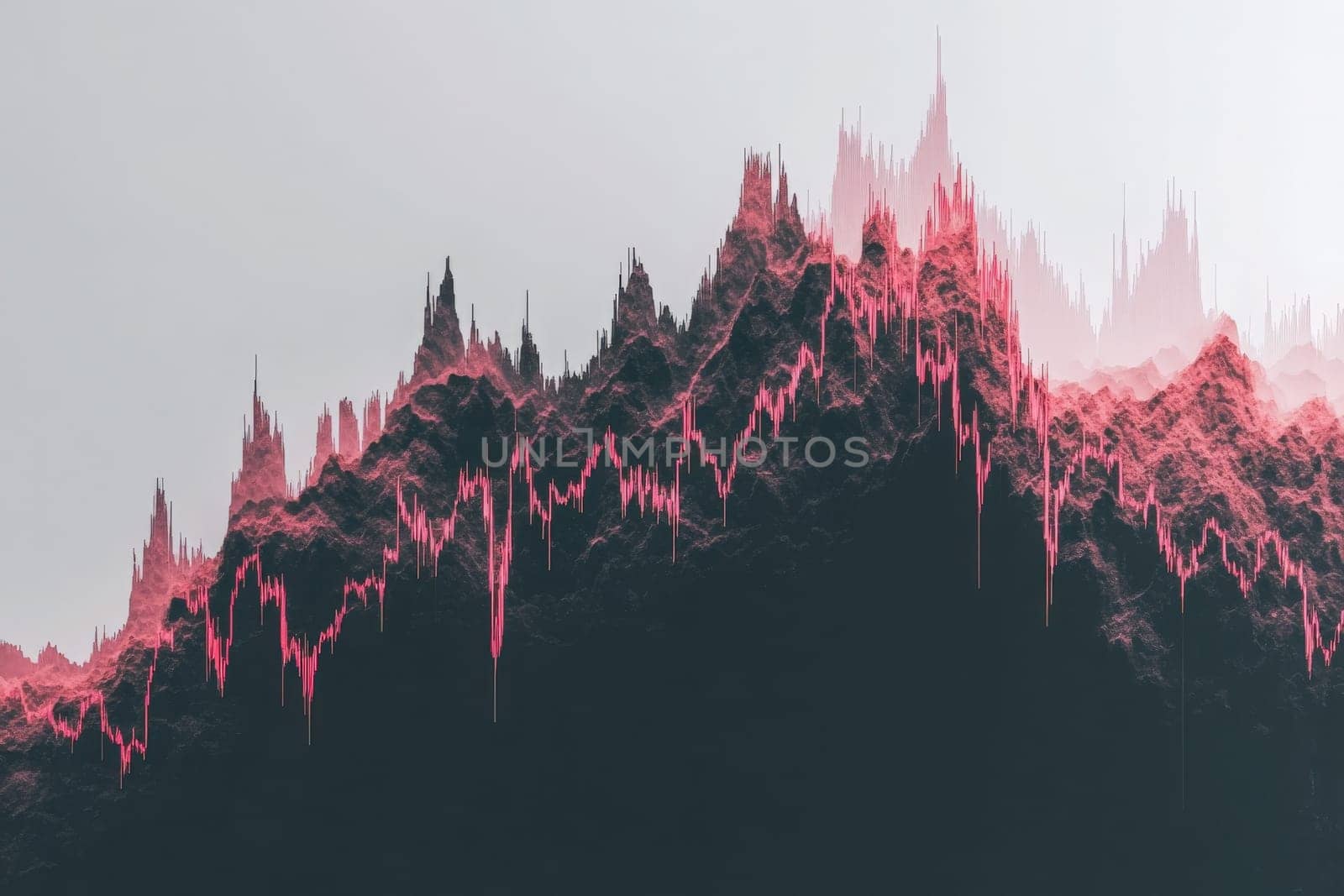 A stock chart shows dramatic peaks and valleys, signifying significant market movements. The stark colors emphasize the volatility in trading activity and market trends.