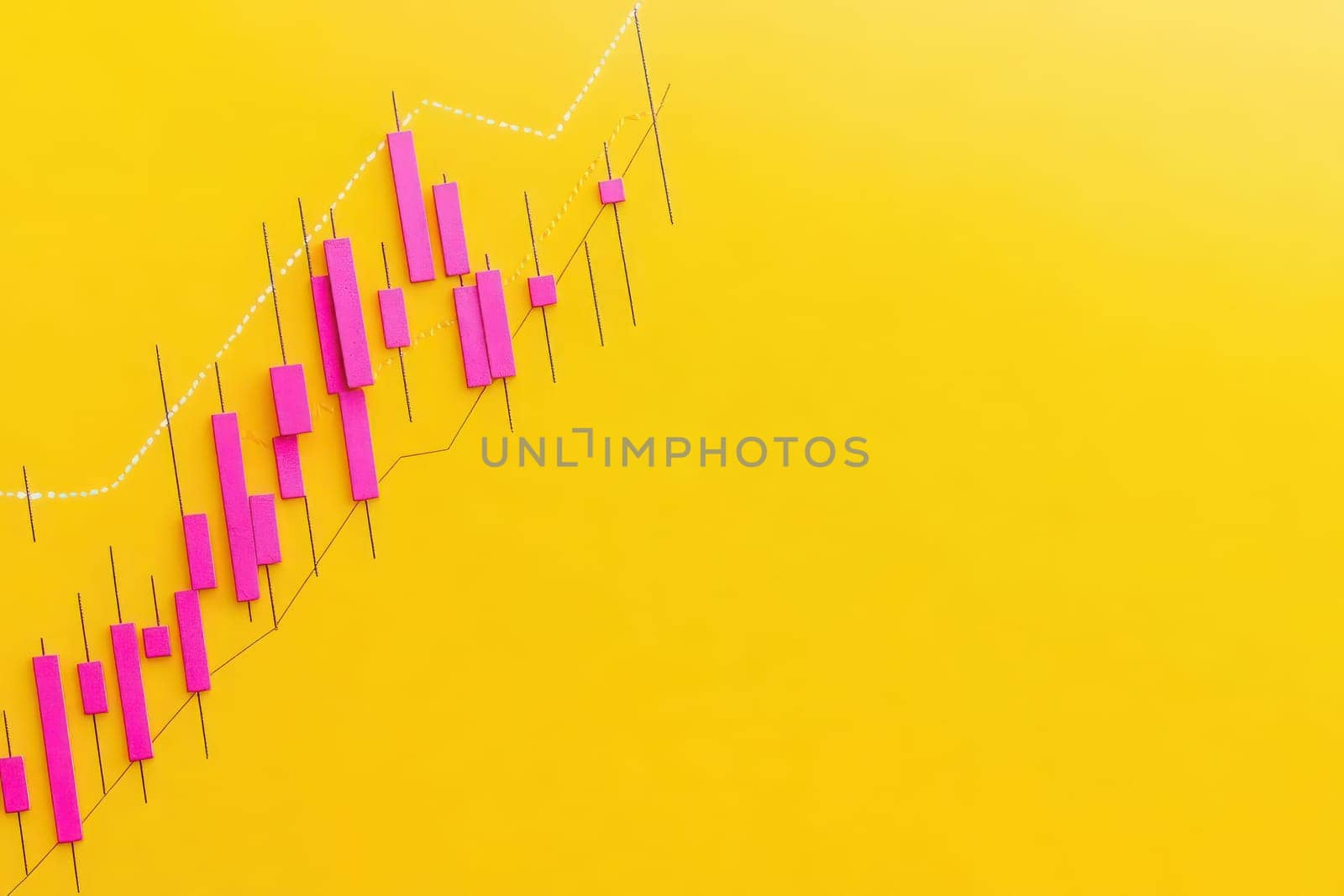 A vibrant stock chart shows an upward trend with vivid pink bars and grey lines on a bright yellow background, illustrating market growth and investment opportunities.