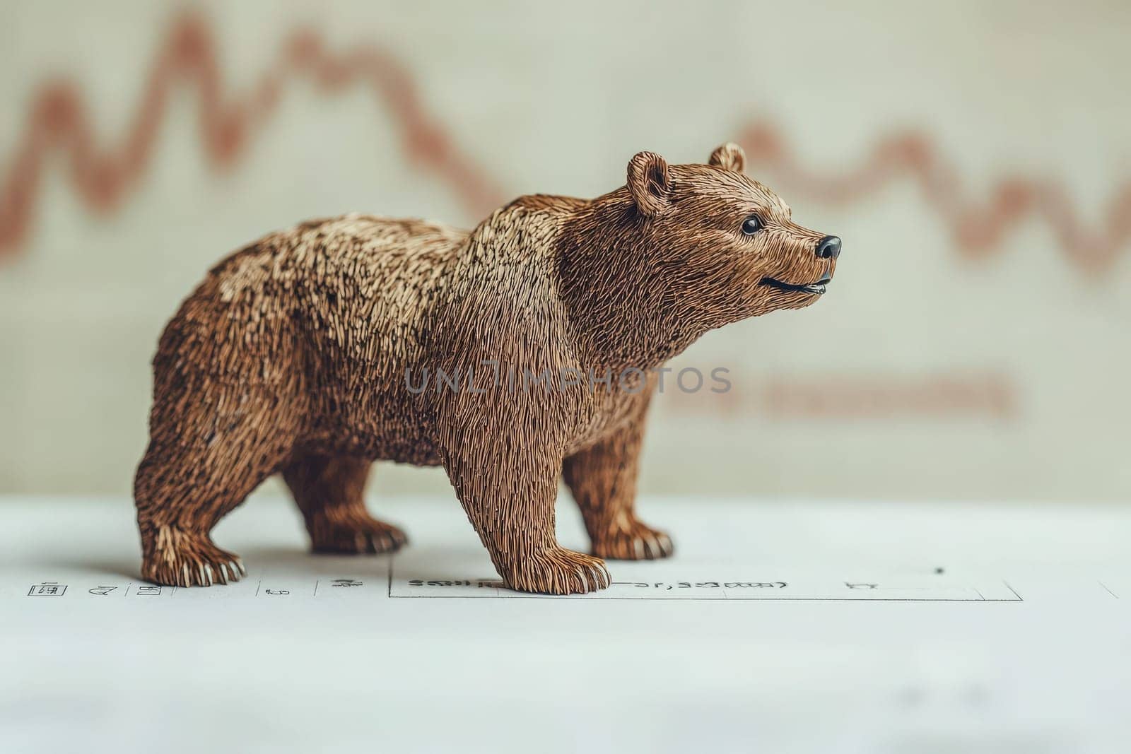 A small bear figurine stands on a clean surface, reflecting a bearish market trend illustrated in the background. The contrasting elements highlight the current economic sentiment.