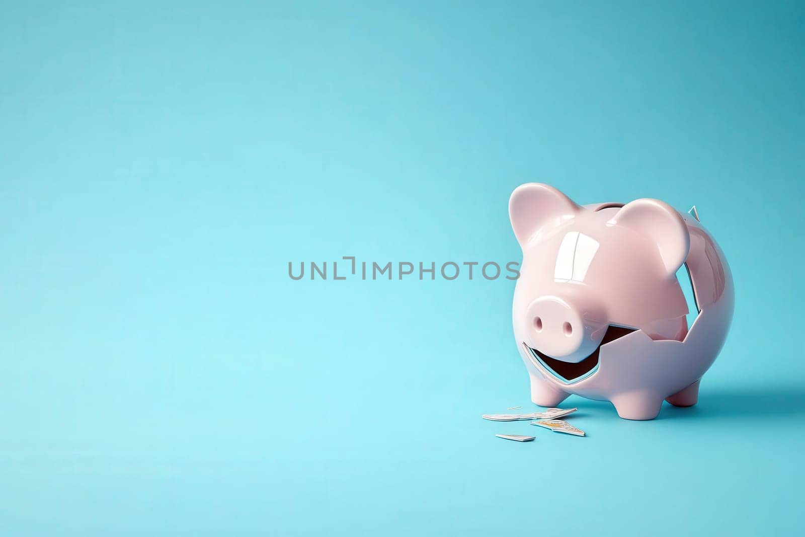 The broken piggy bank sits on a solid blue background, with coins scattered around, symbolizing financial challenges and the importance of savings.