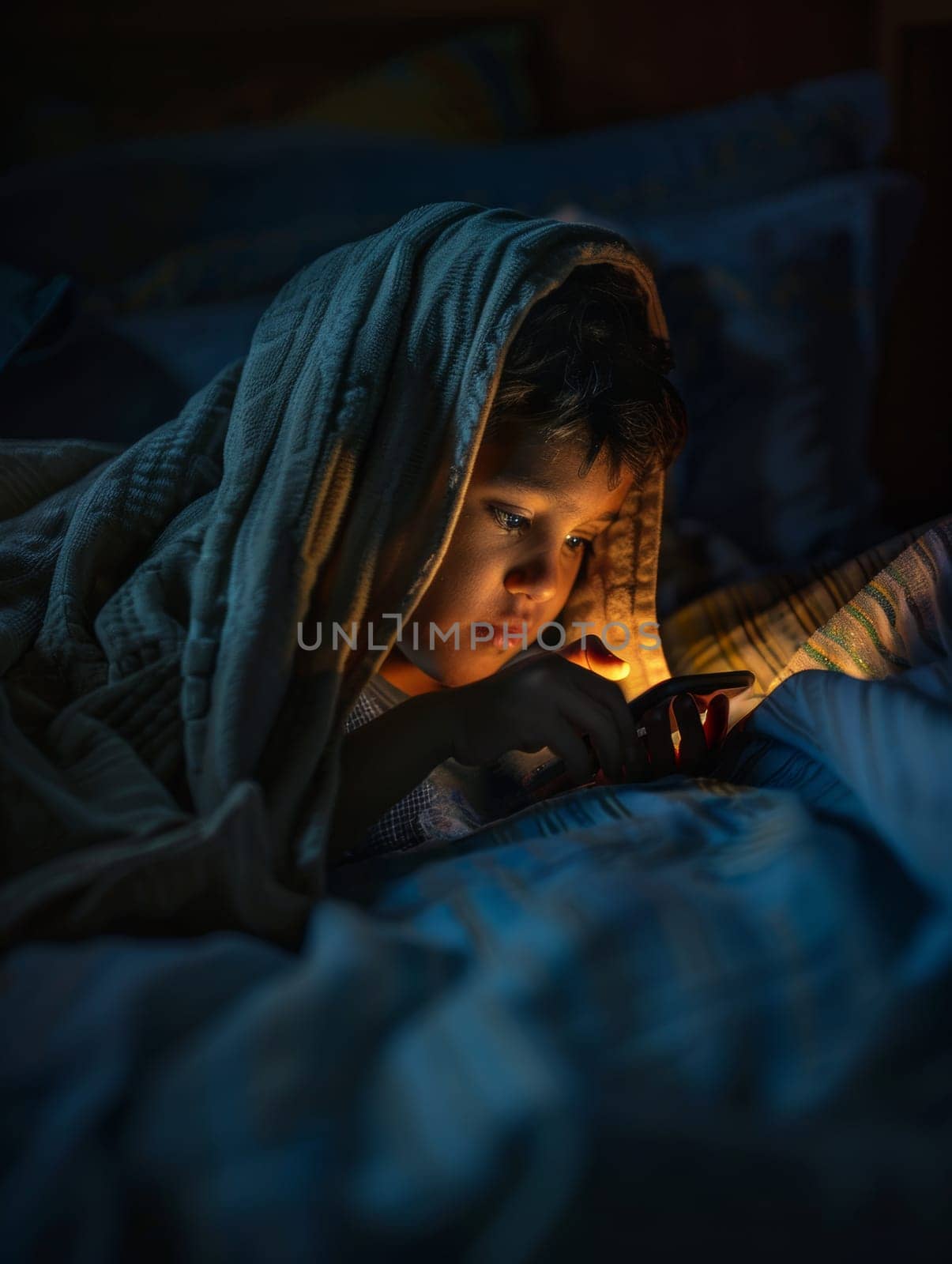 A young child is cocooned in a blue blanket, eyes wide with the soft glow of a smartphone lighting up their face. The tranquil darkness of the room contrasts with the vivid screen