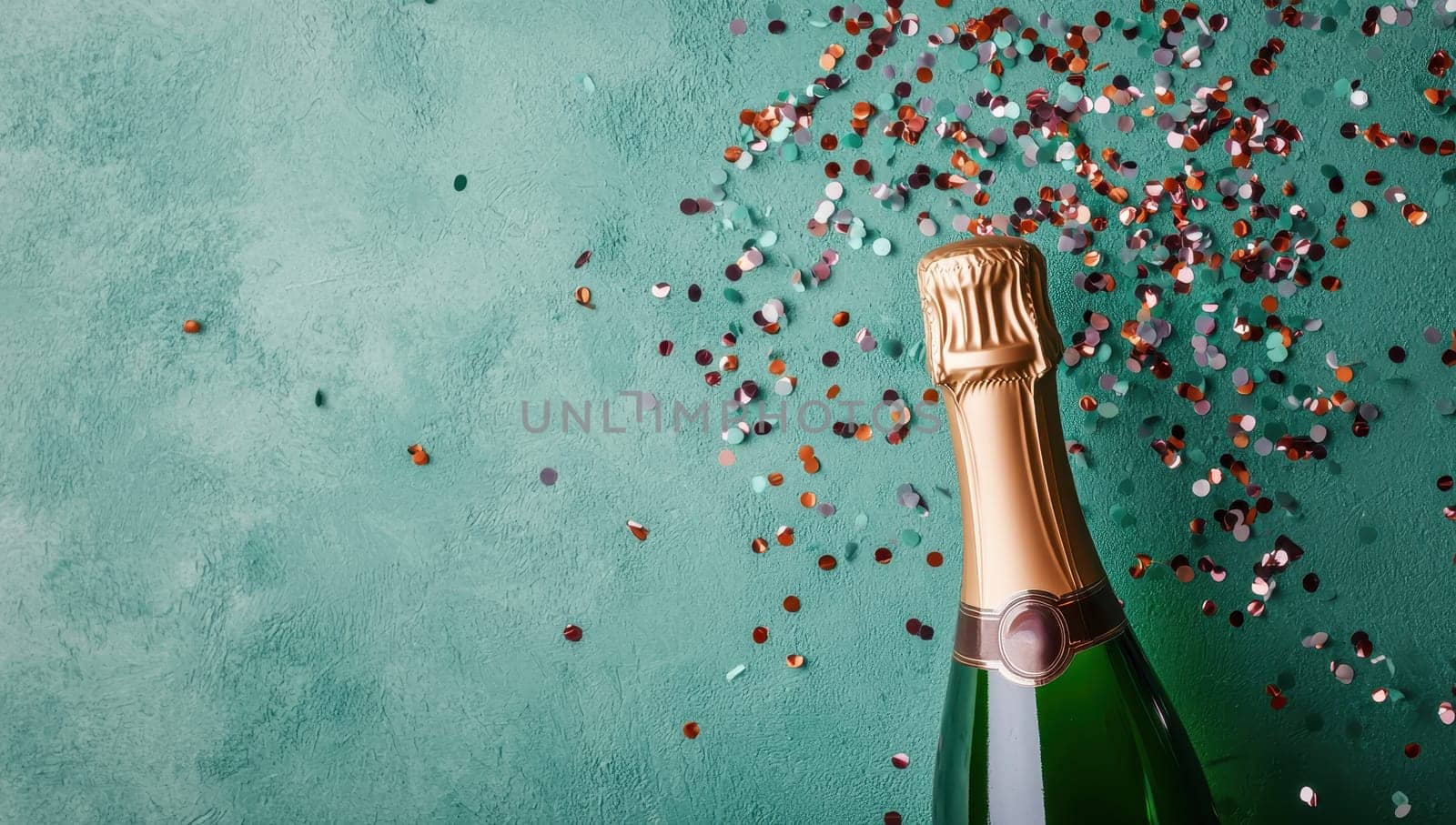 Champagne bottle with confetti on green background. Celebration, festive, party, New Year's Eve concept.