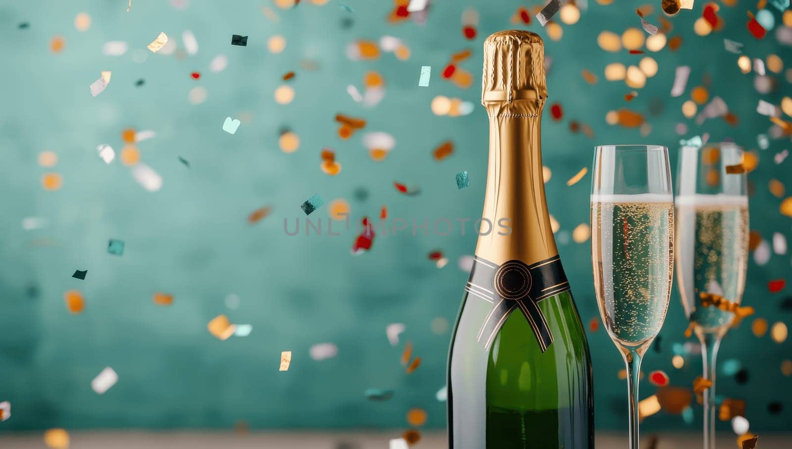 Champagne bottle with glasses and falling confetti on teal background. Celebration, festive, New Year's Eve concept.