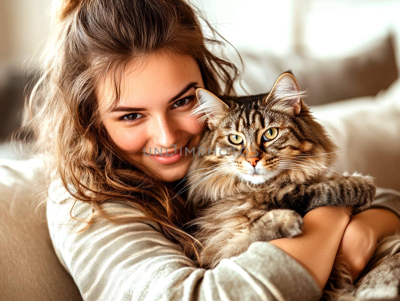 A woman in casual sits on the sofa, holding her cat and smiling at it. Ai generative.