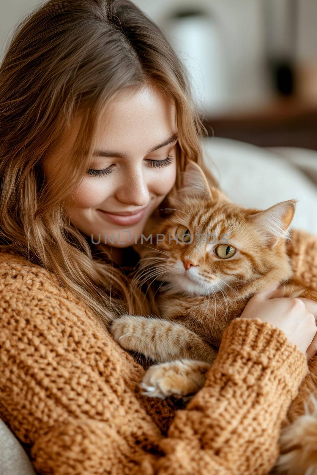 A woman in casual sits on the sofa, holding her cat and smiling at it. Ai generative.