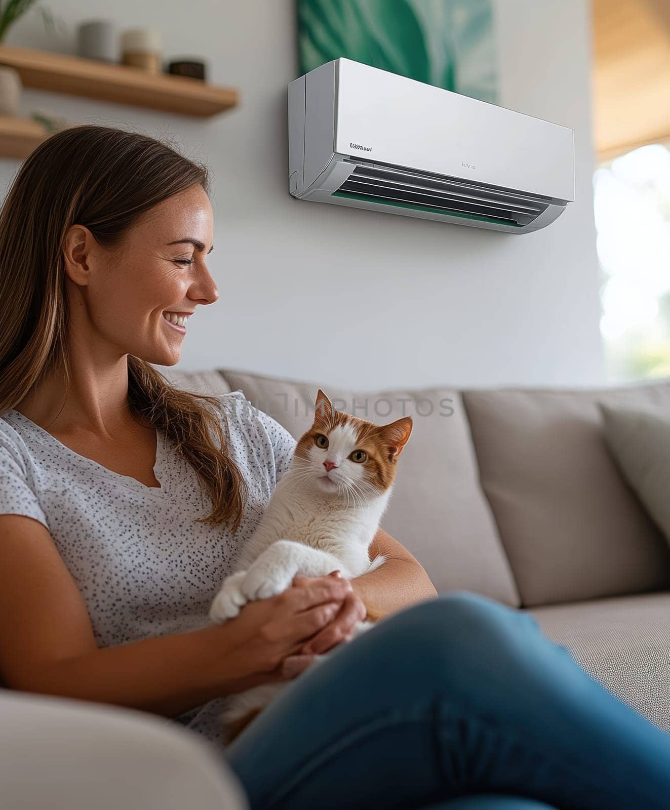 A woman in casual sits on the sofa, holding her cat and smiling at it. Ai generative.
