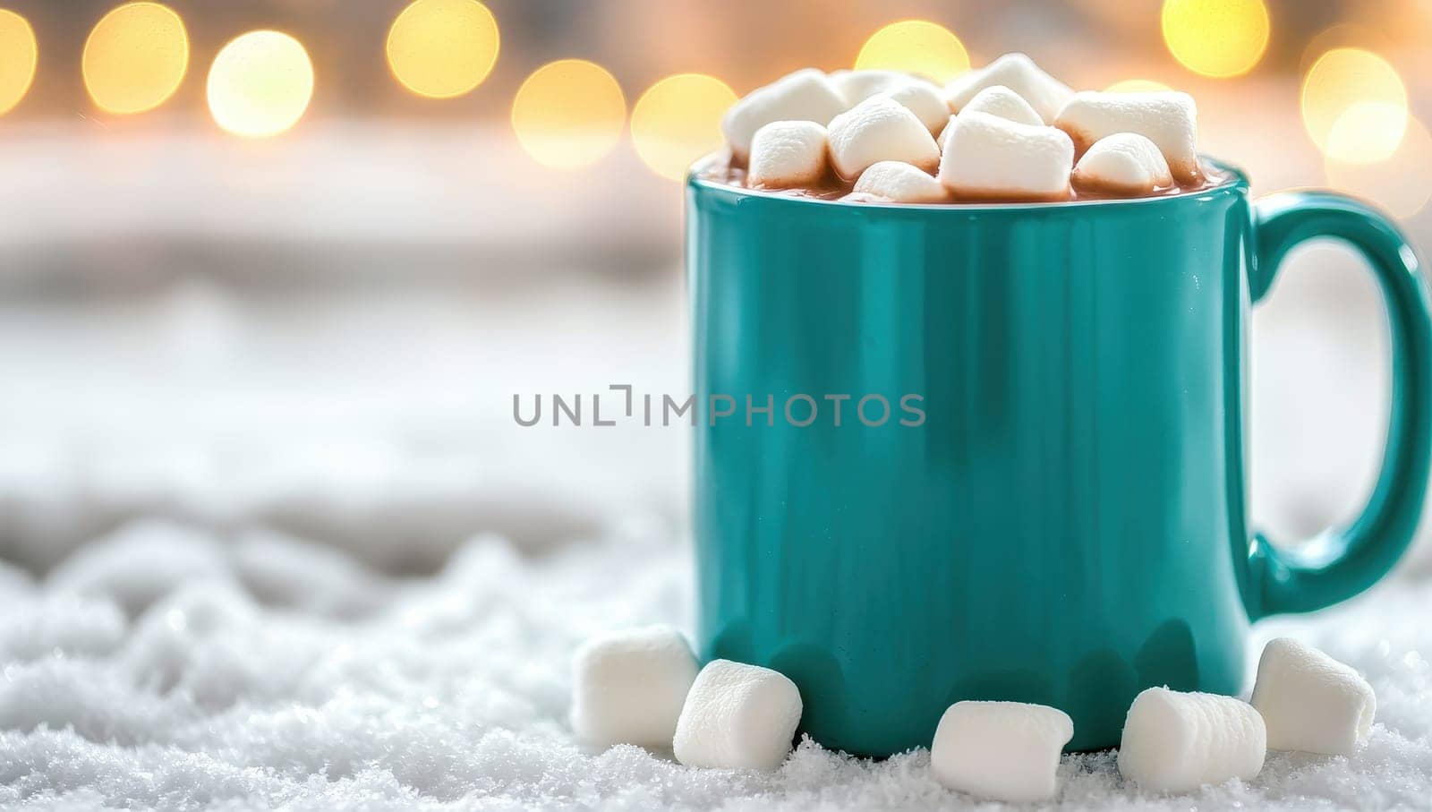 Mug of hot chocolate with marshmallows on snow, cozy winter holiday background with bokeh lights.
