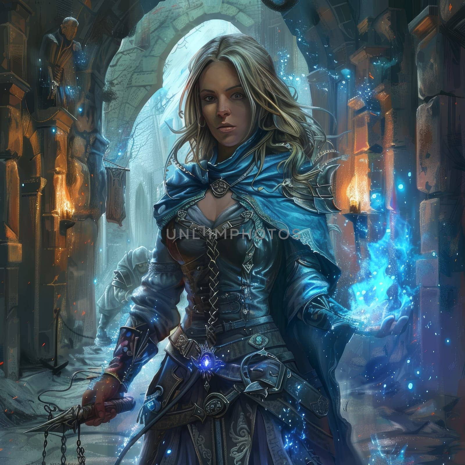 A blonde sorceress channels the blue energy of her crystal, her determined face reflecting the intensity of her spell. The surrounding runes and icy atmosphere suggest a high-stakes magical endeavor